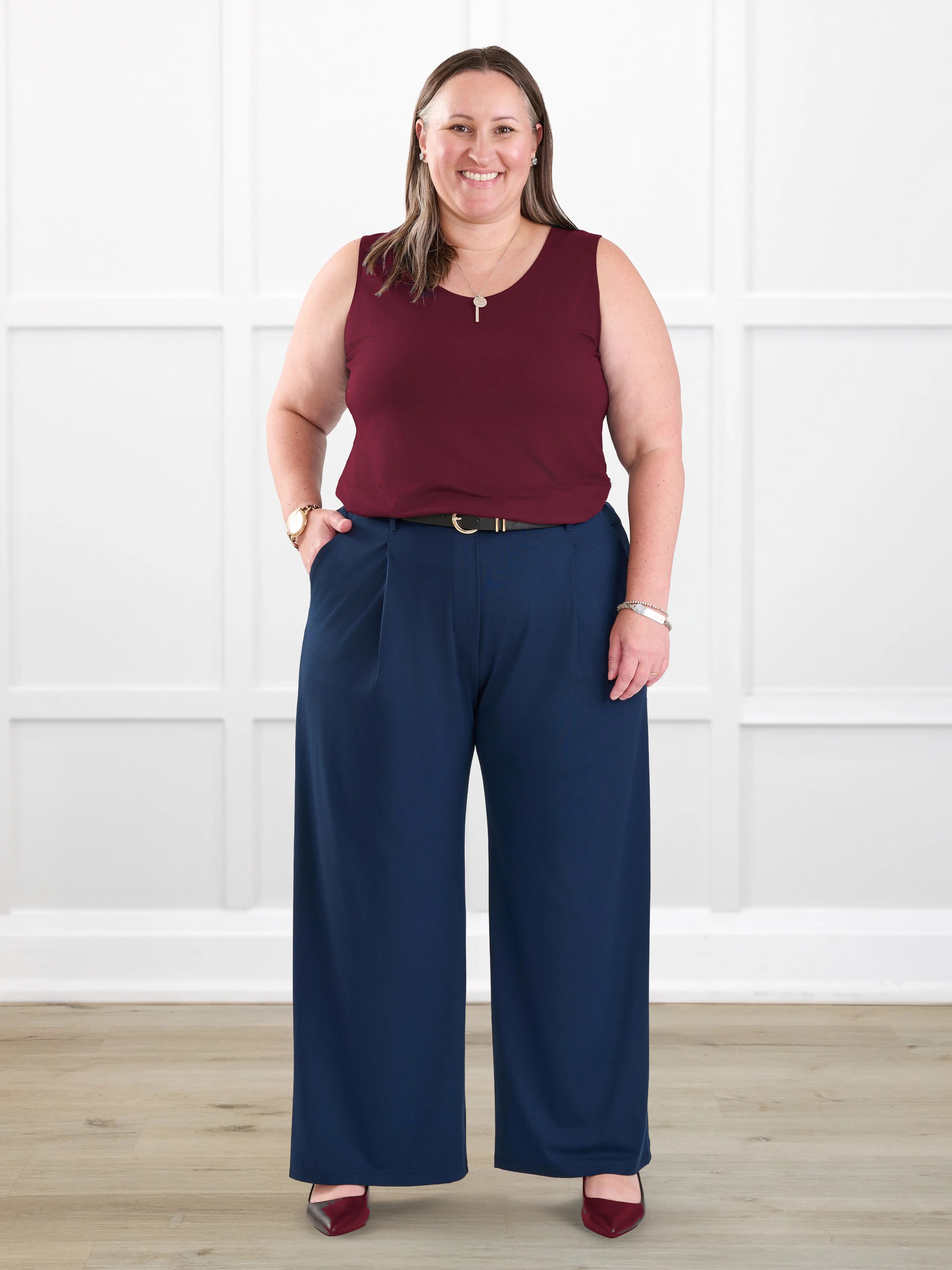 Lara high waisted wide leg pleated pant for women in Navy on model Cristina, size XXL Petite @Cristina-XXL-petite 