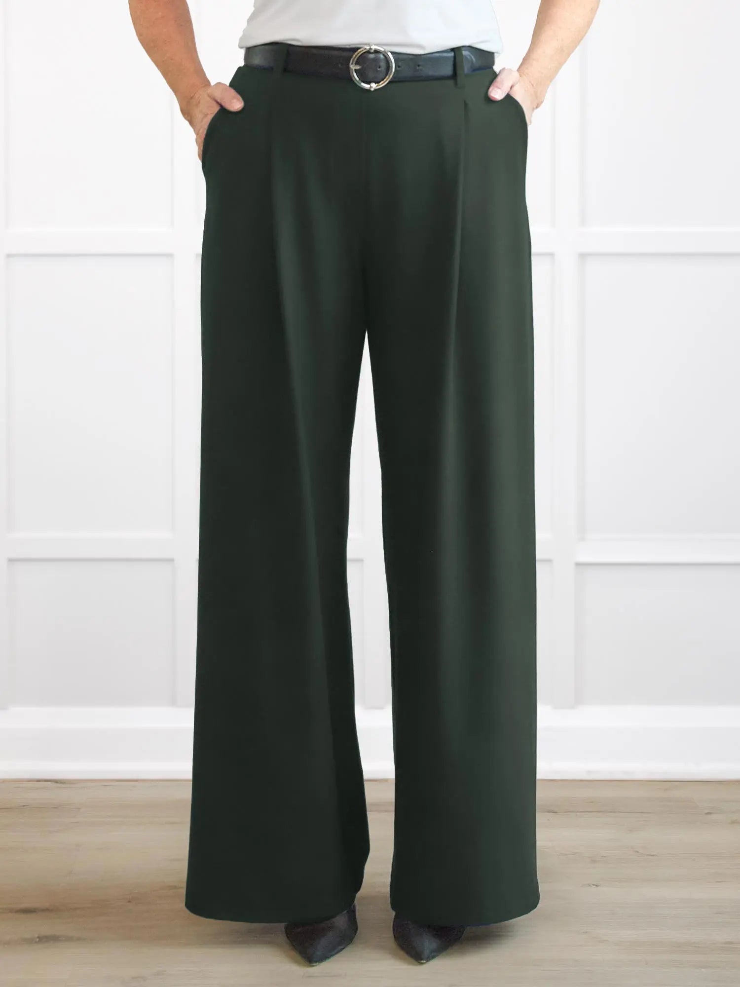 Lara high waisted wide leg pleated pant for women in Pine 