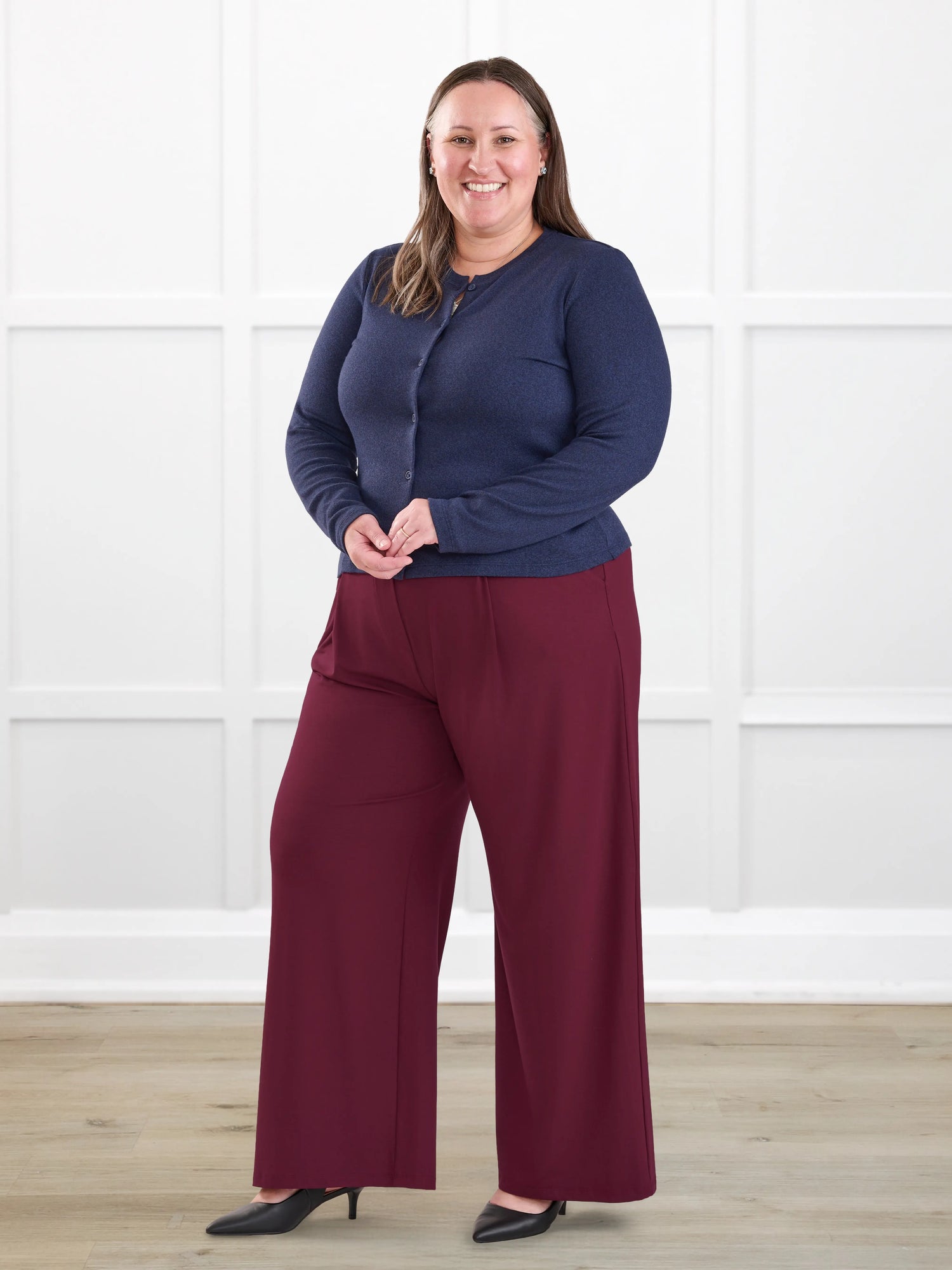 Lara high waisted wide leg pleated pant for women in Merlot on model Cristina, size XXL Petite @Cristina-XXL-petite 
