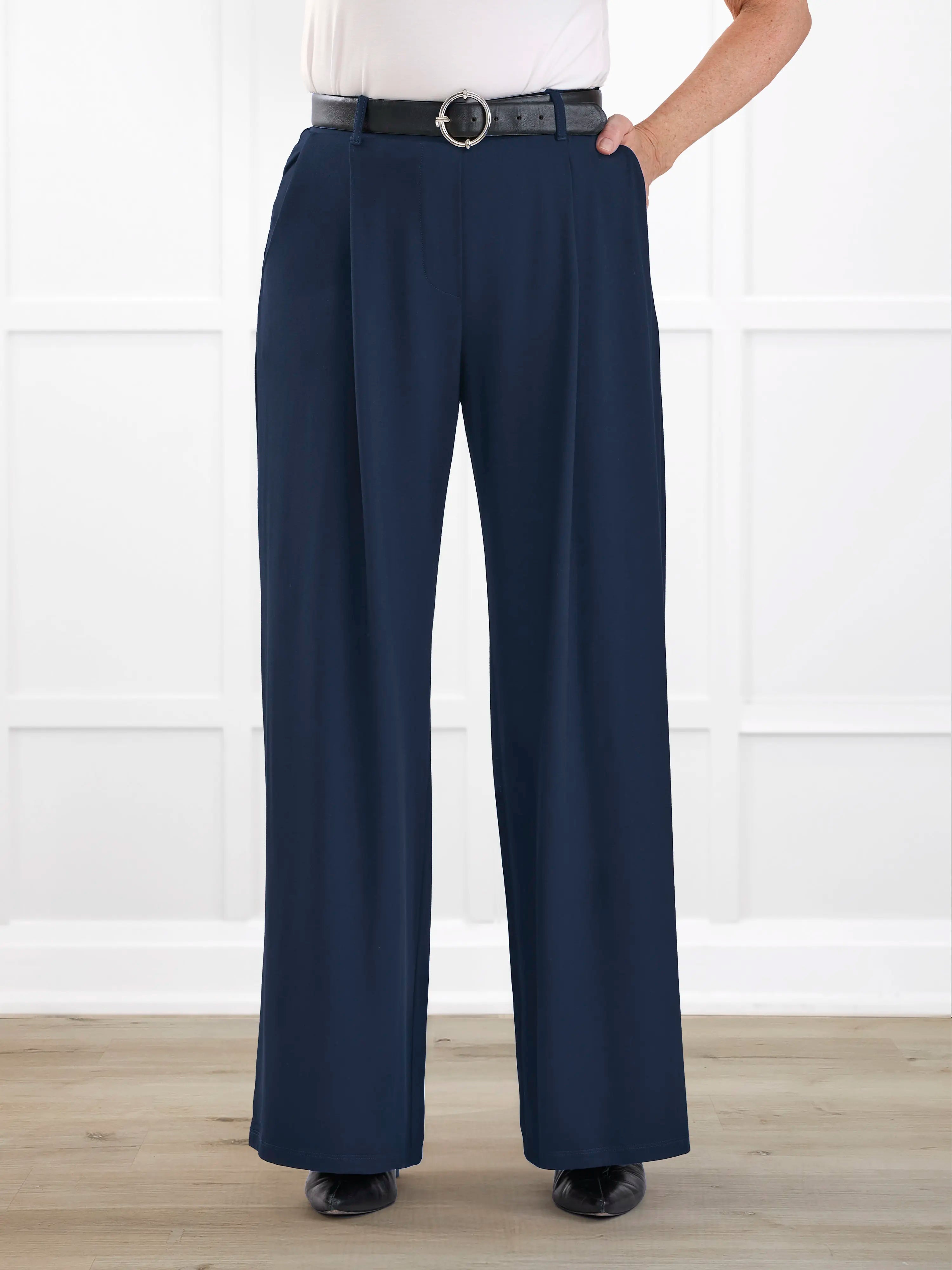 Lara high waisted wide leg pleated pant for women in Navy 