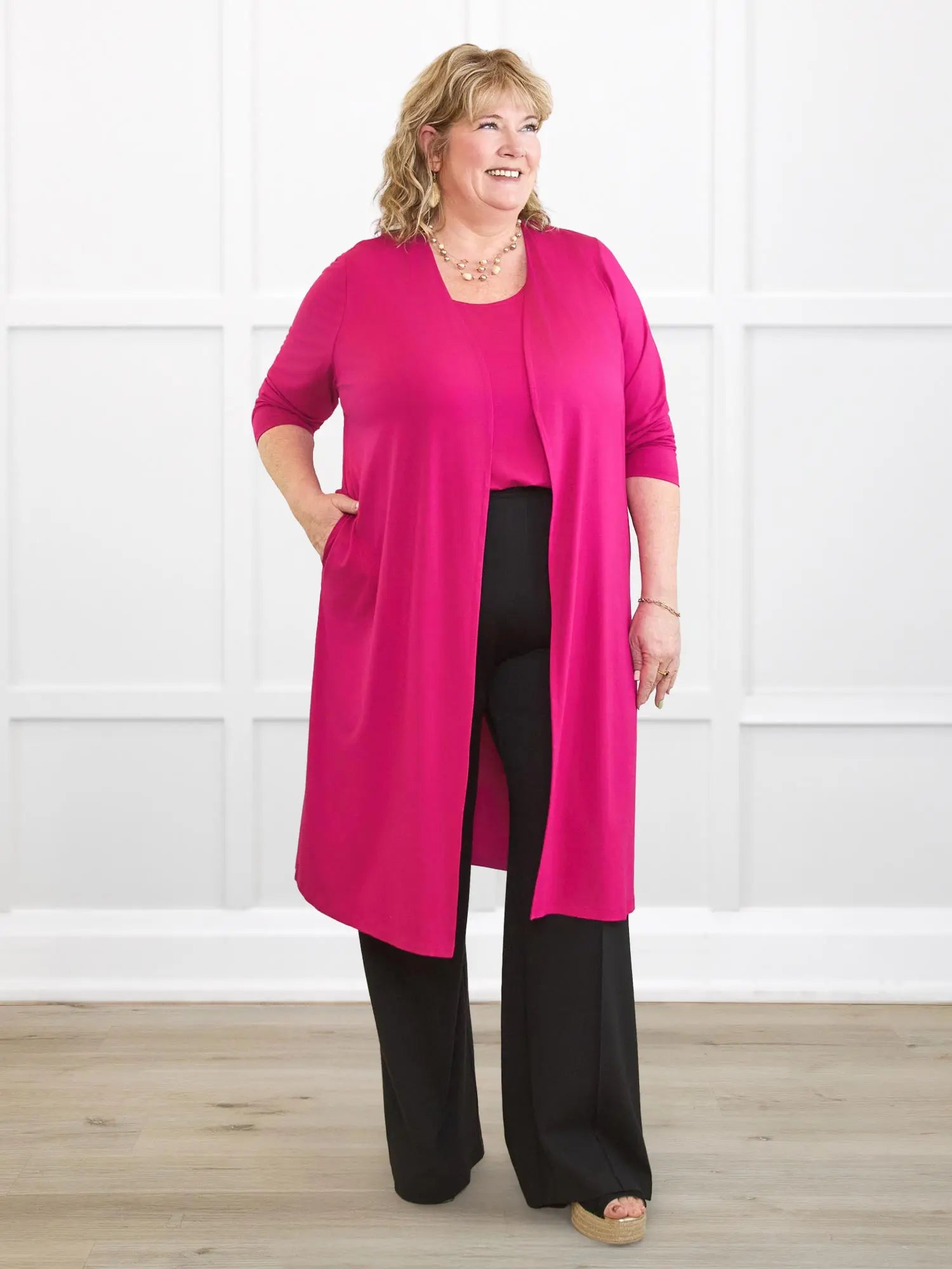 Larissa duster cardigan with pockets for women in Dragon fruit on model Kelly, size 3X @Kelly-3X 