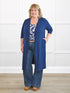 Larissa duster cardigan with pockets for women in Marine blue on model Kelly, size 3X @Kelly-3X 