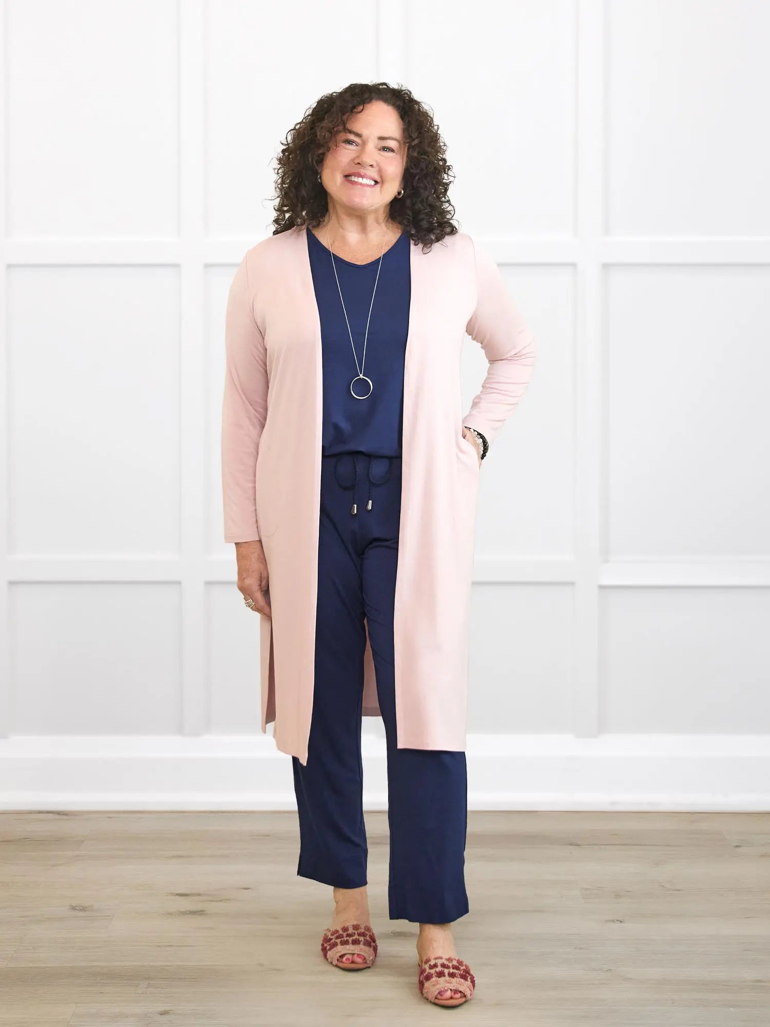 Larissa duster cardigan with pockets for women in Ballet pink on model Kerri, size M Petite @Kerri-M-petite 