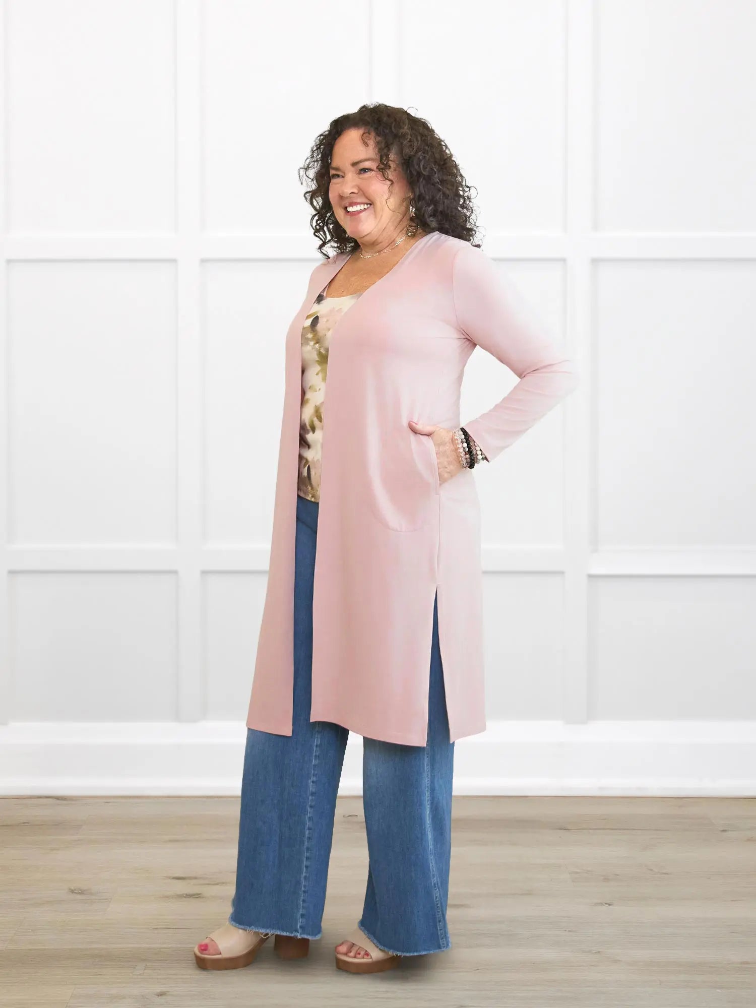 Larissa duster cardigan with pockets for women in Ballet pink on model Kerri, size M Petite @Kerri-M-petite 