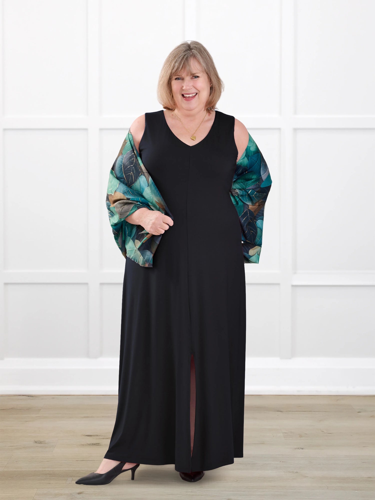 Laurice sleeveless v neck maxi dress for women in Black on model Laurie, size XL @Laurie-XL 