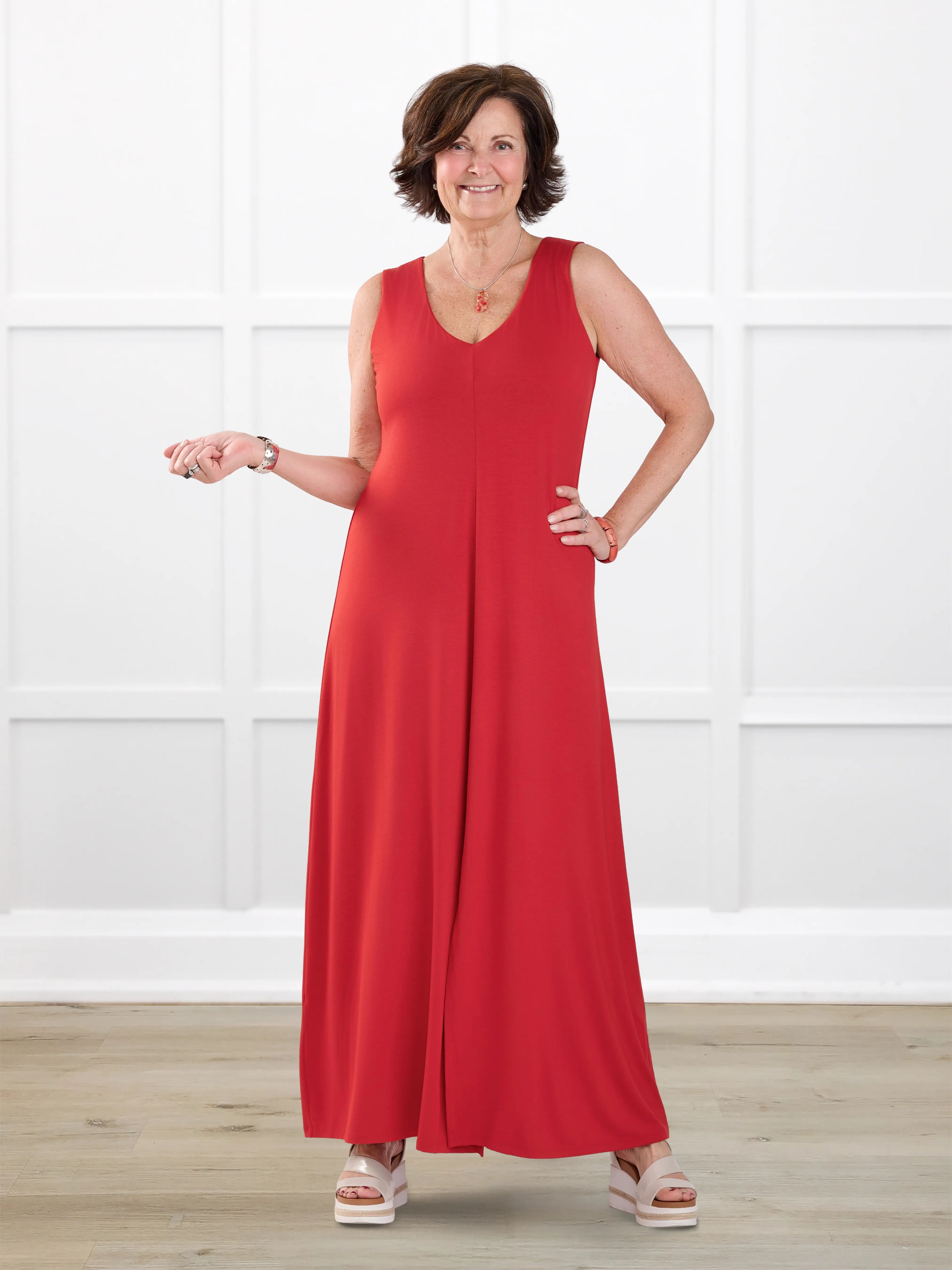 Laurice sleeveless v neck maxi dress for women in Chili on model Donna, size S @Donna-S 