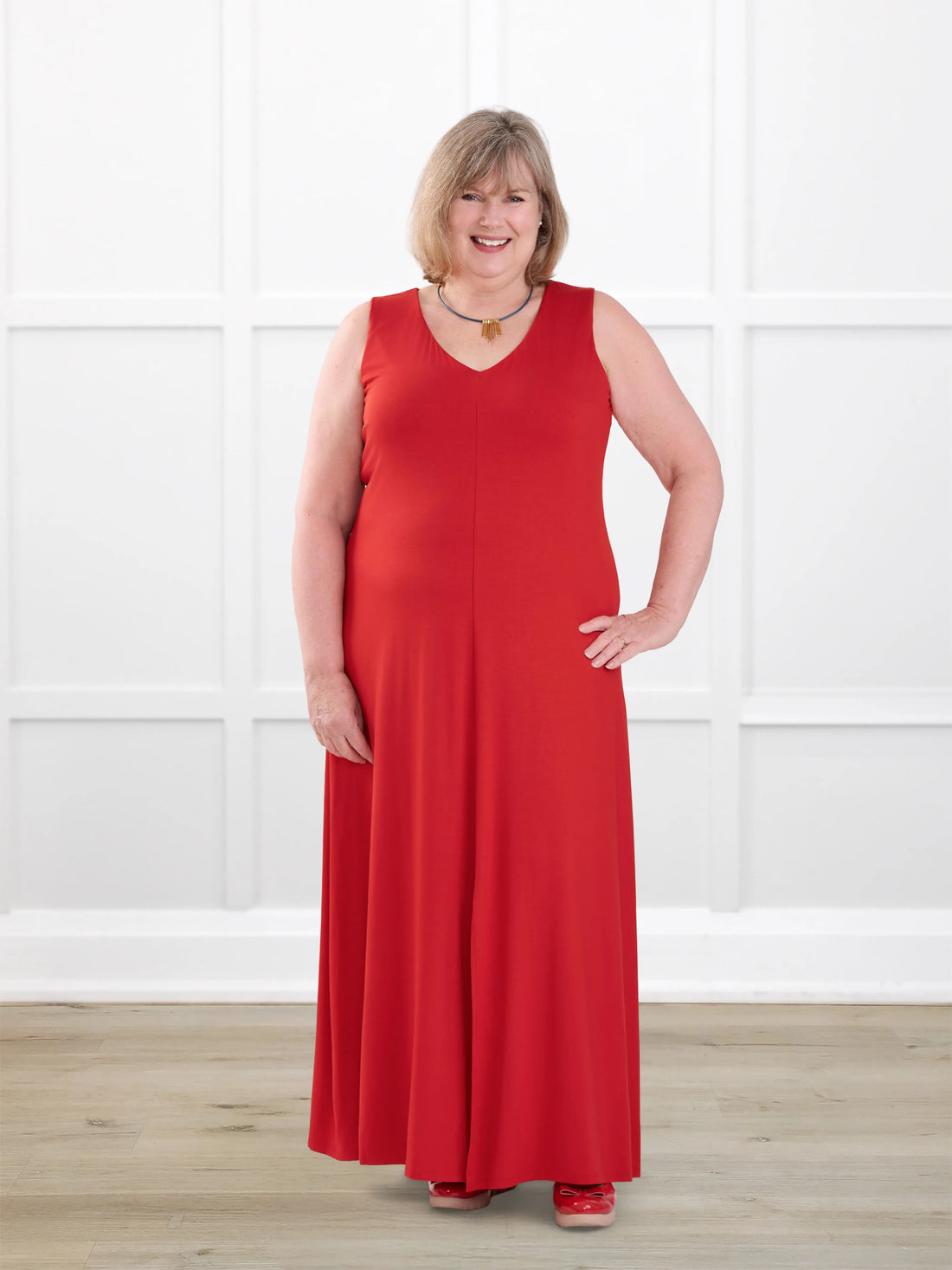 Laurice sleeveless v neck maxi dress for women in Chili on model Laurie, size XL @Laurie-XL 