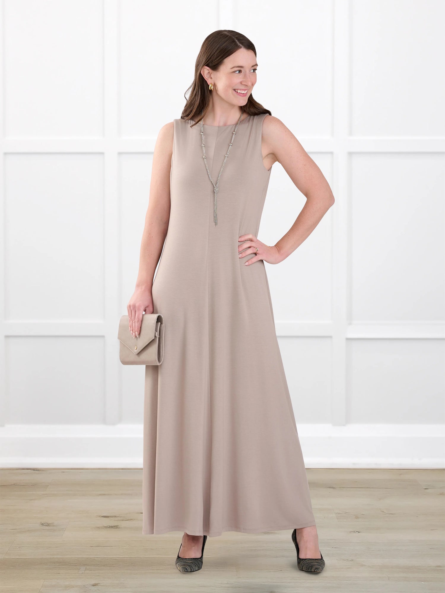 Laurice sleeveless v neck maxi dress for women in Portobello on model Jo, size XS @Jo-XS 