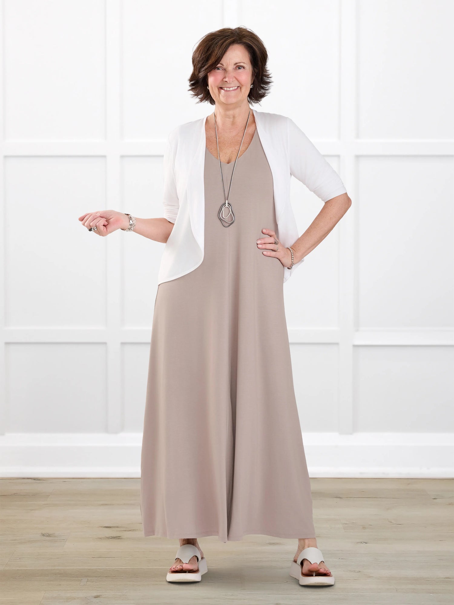 Laurice sleeveless v neck maxi dress for women in Portobello on model Donna, size S @Donna-S 