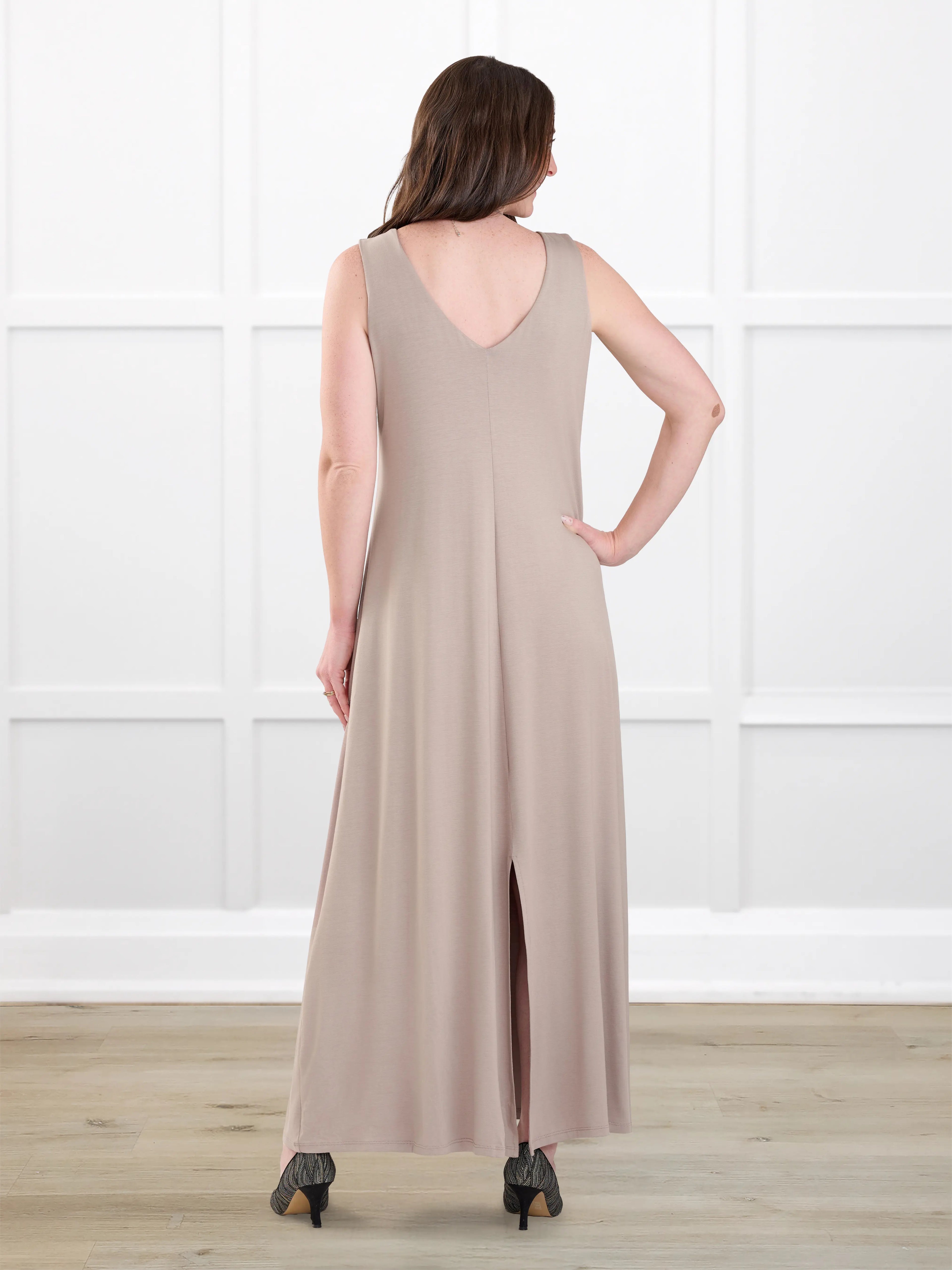 Laurice sleeveless v neck maxi dress for women in Portobello on model Jo, size XS @Jo-XS 