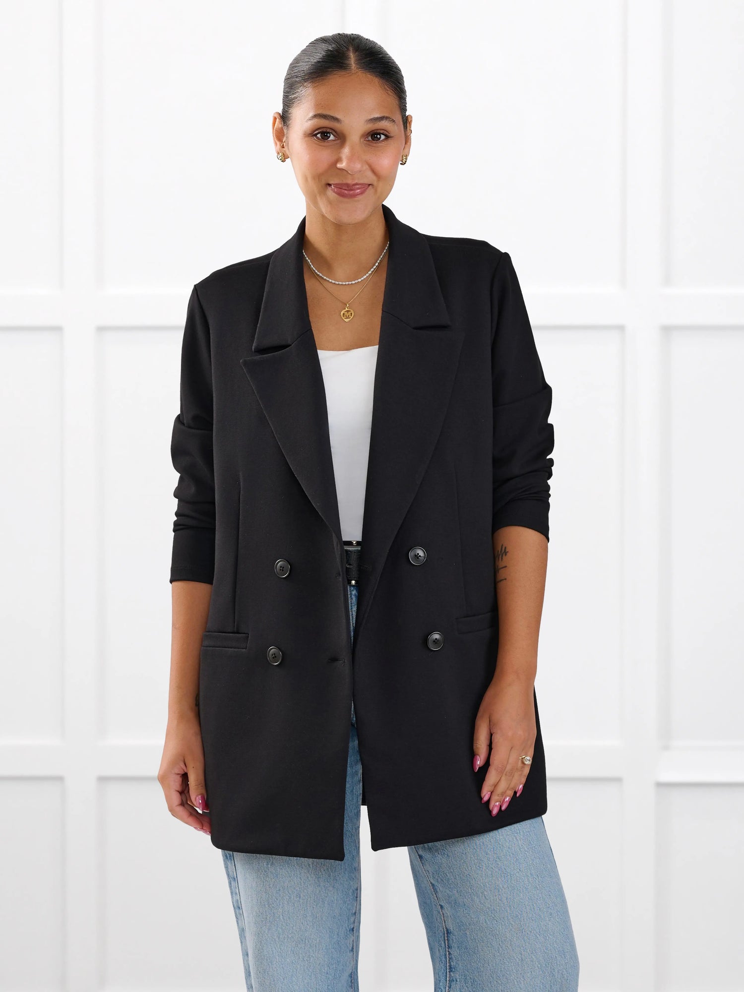 Lesley relaxed tailored ponte jacket for women in Black on model Meron, size S @Meron-S 