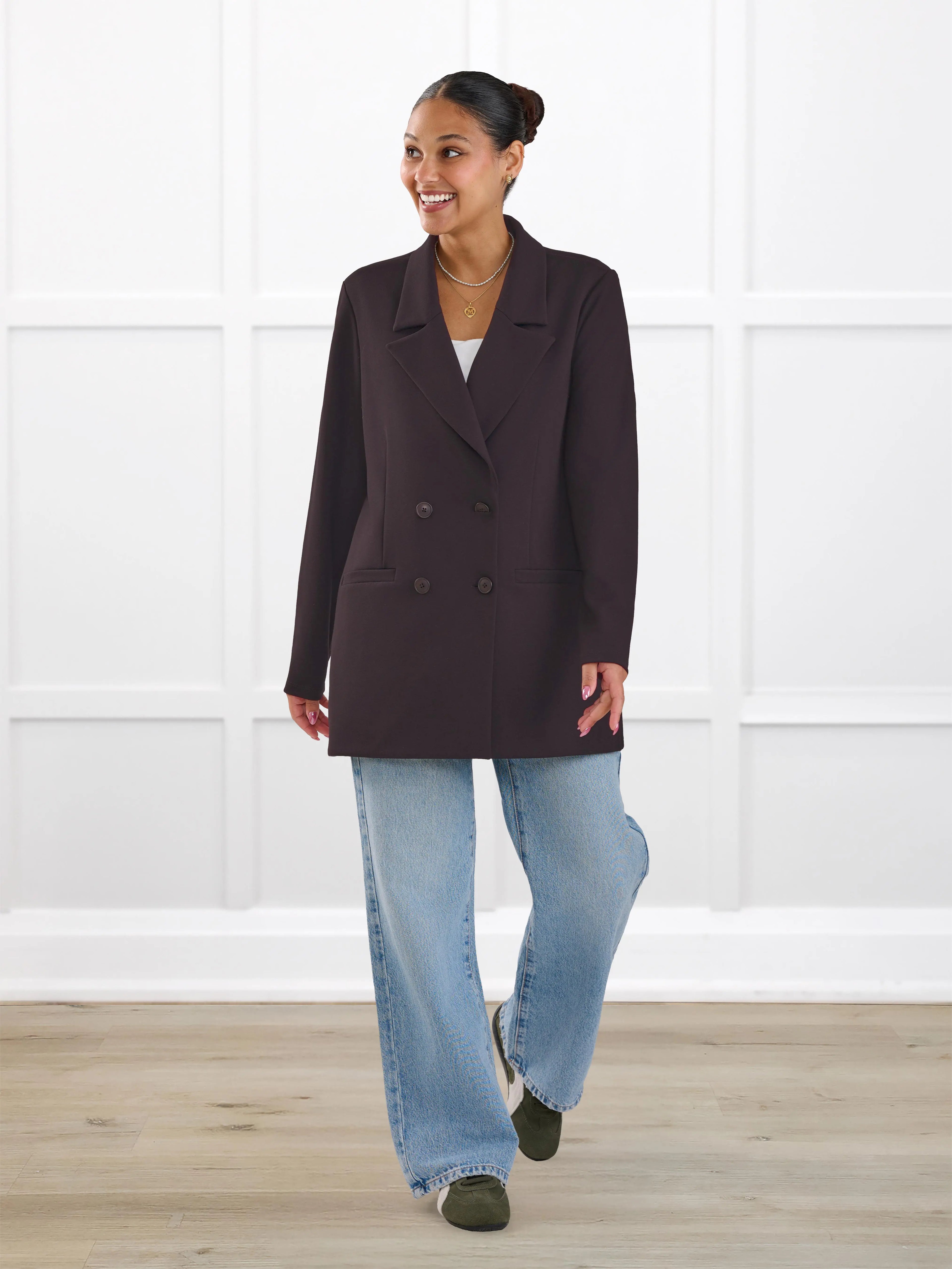 Lesley relaxed tailored ponte jacket for women in Espresso on model Meron, size S @Meron-S 
