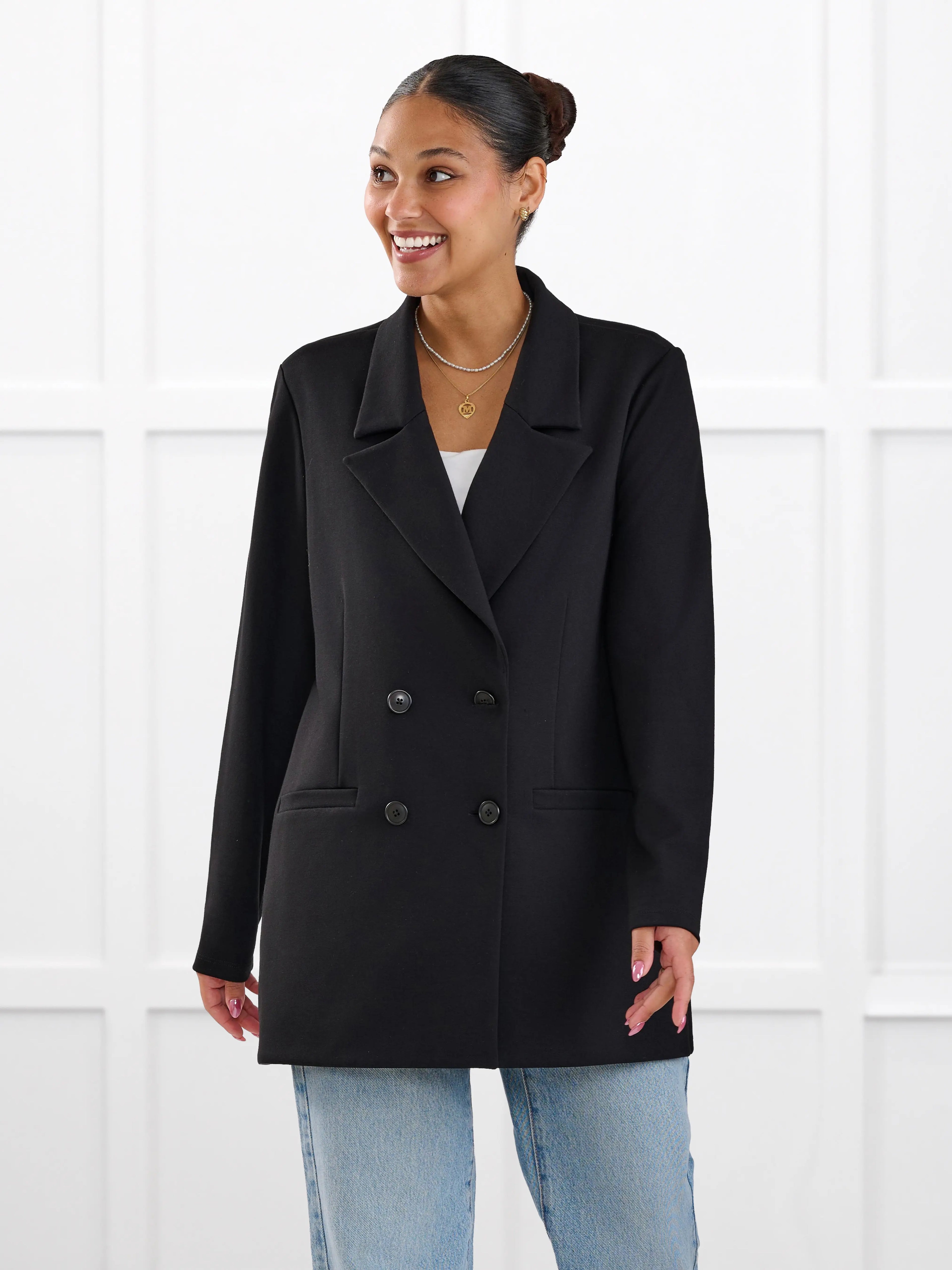 Lesley relaxed tailored ponte jacket for women in Black on model Meron, size S @Meron-S 