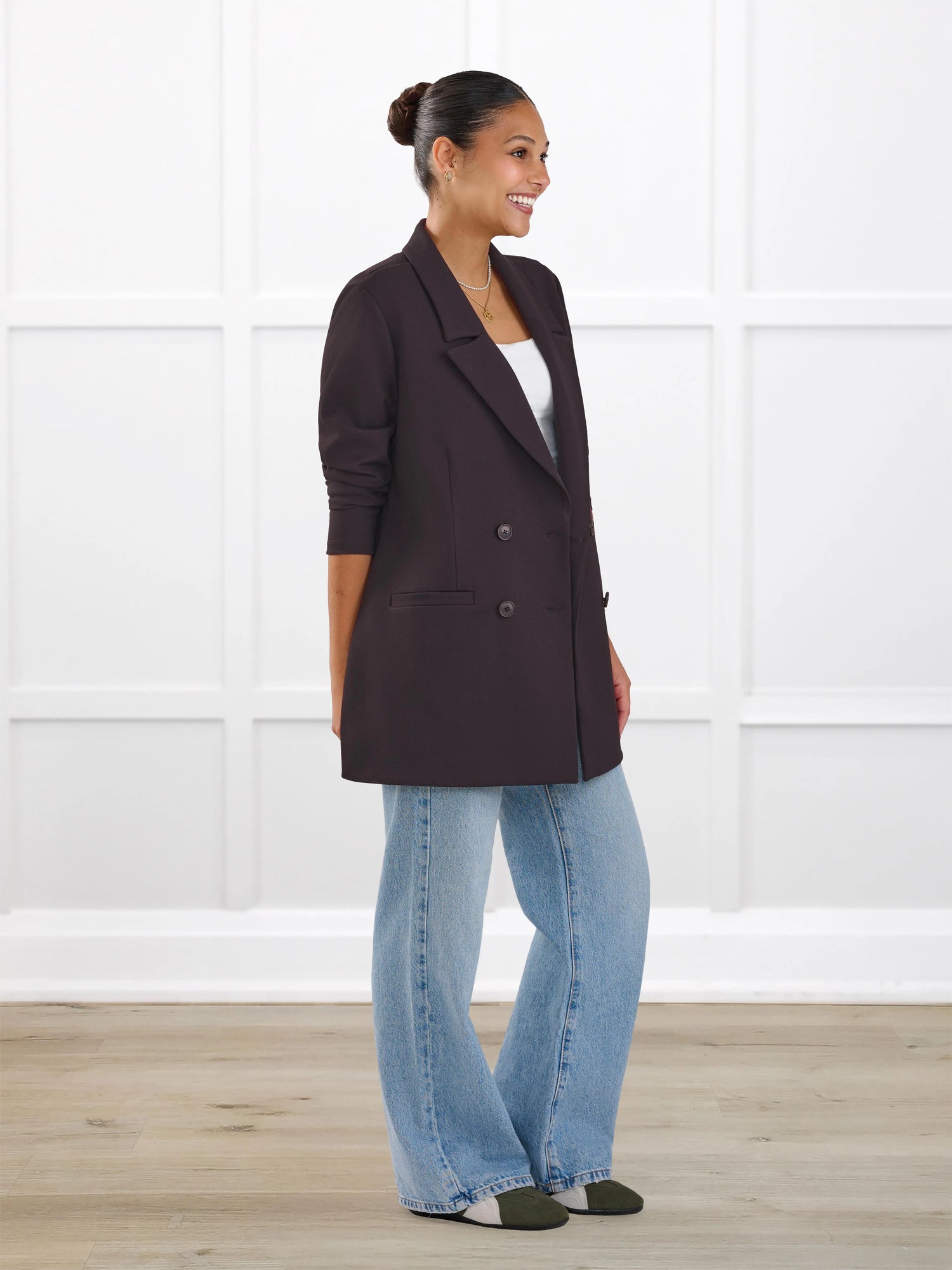 Lesley relaxed tailored ponte jacket for women in Espresso on model Meron, size S @Meron-S 