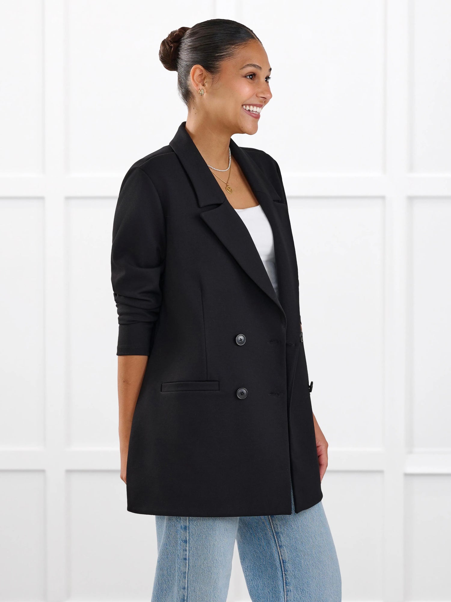 Lesley relaxed tailored ponte jacket for women in Black on model Meron, size S @Meron-S 