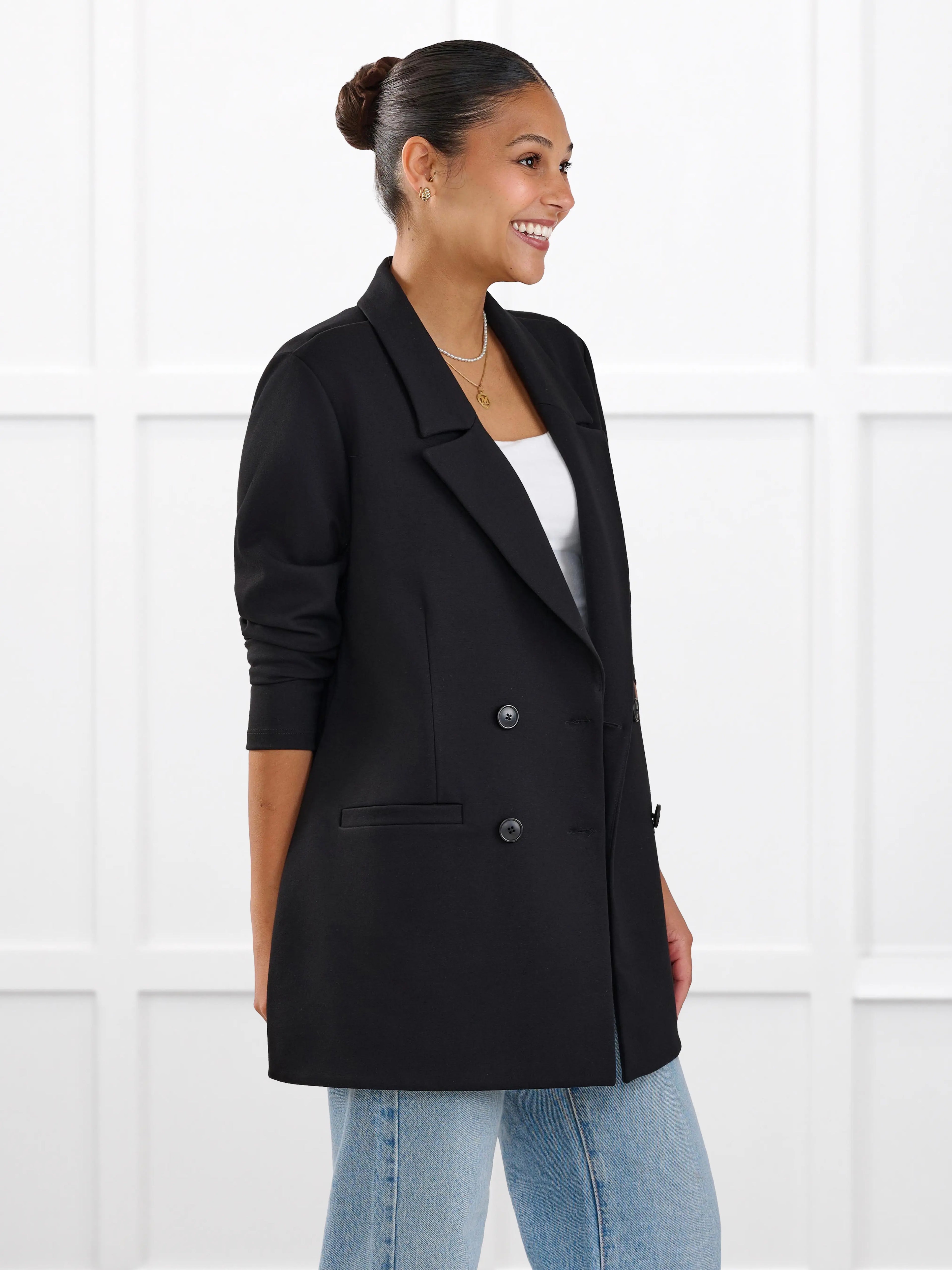 Lesley relaxed tailored ponte jacket for women in Black on model Meron, size S @Meron-S 