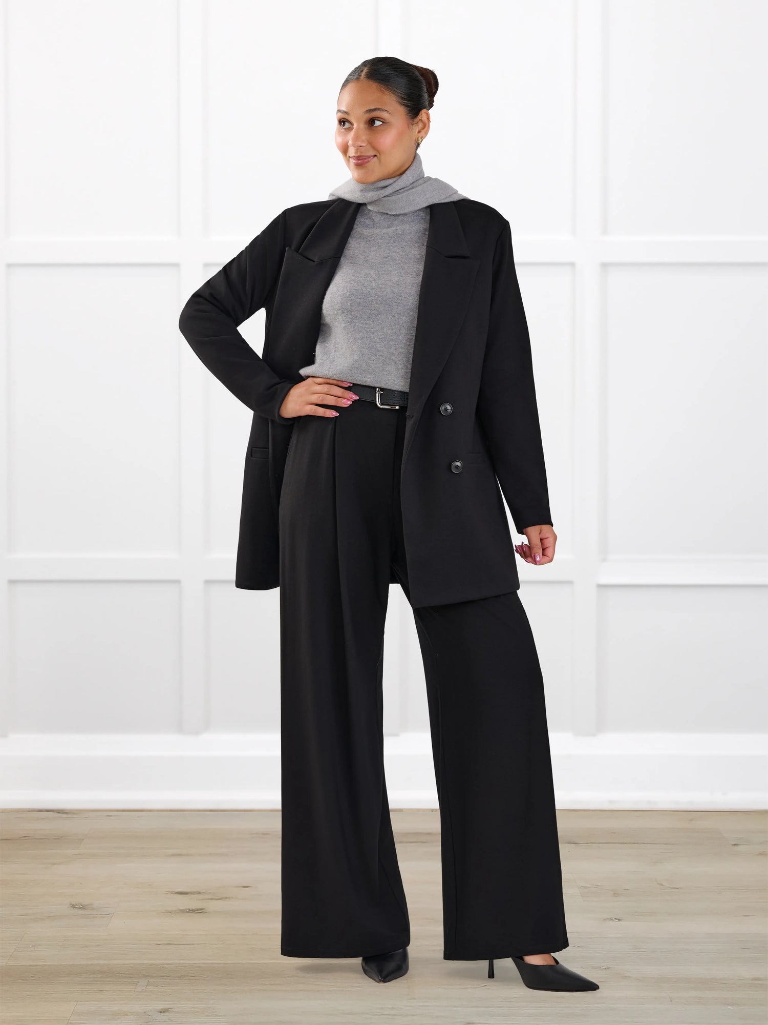 Lesley relaxed tailored ponte jacket for women in Black on model Meron, size S @Meron-S 