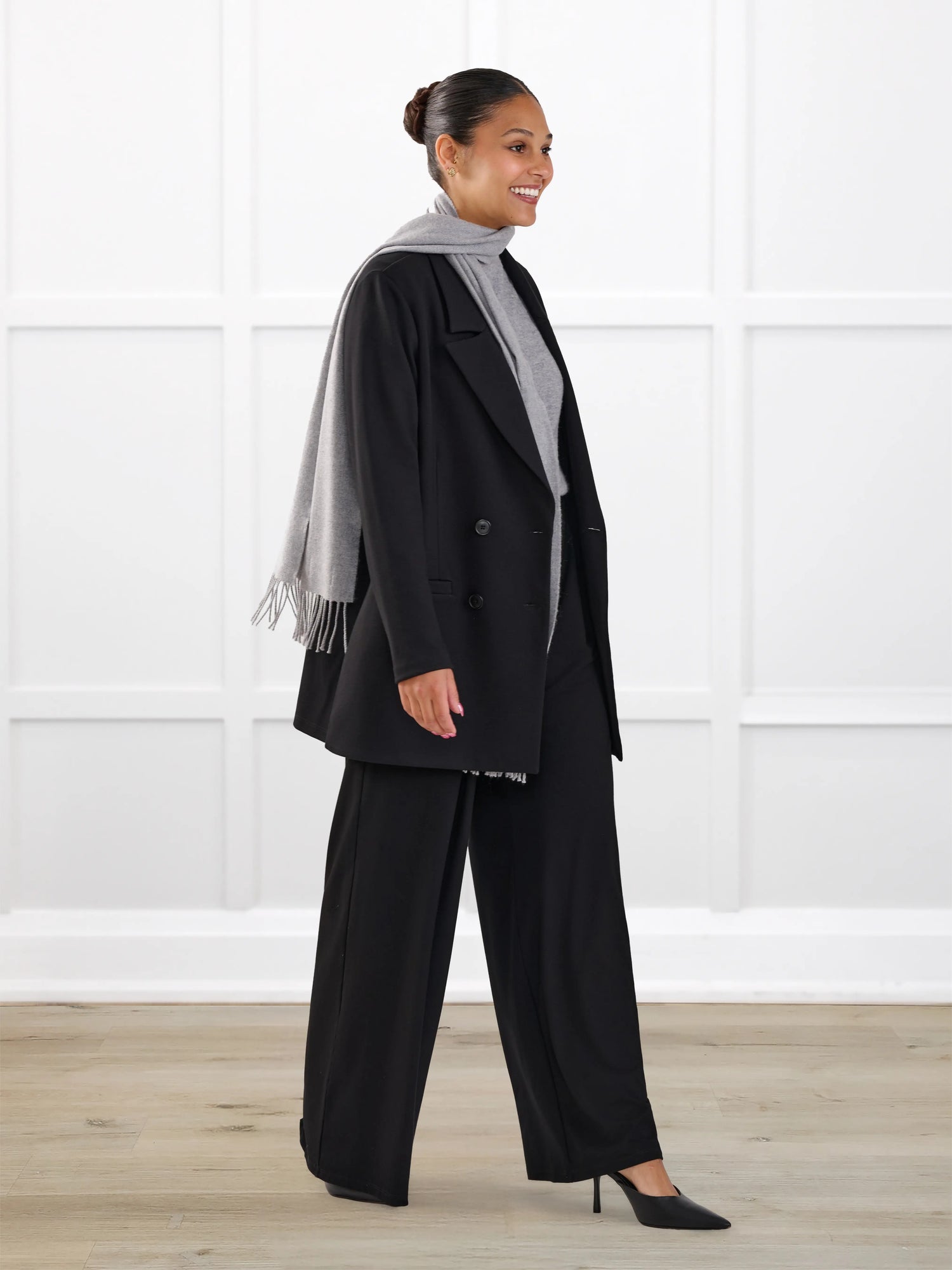 Lesley relaxed tailored ponte jacket for women in Black on model Meron, size S @Meron-S 