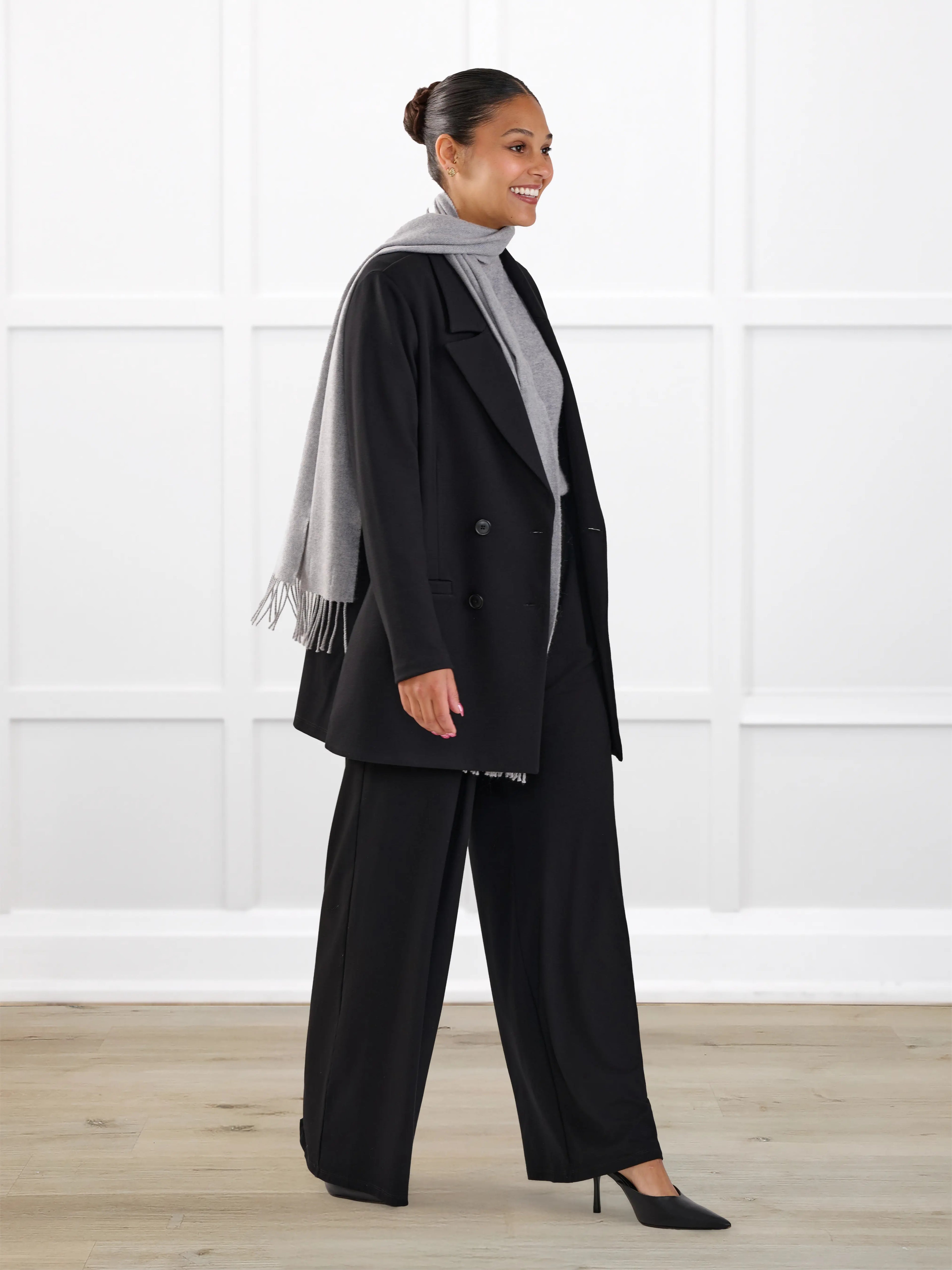 Lesley relaxed tailored ponte jacket for women in Black on model Meron, size S @Meron-S 