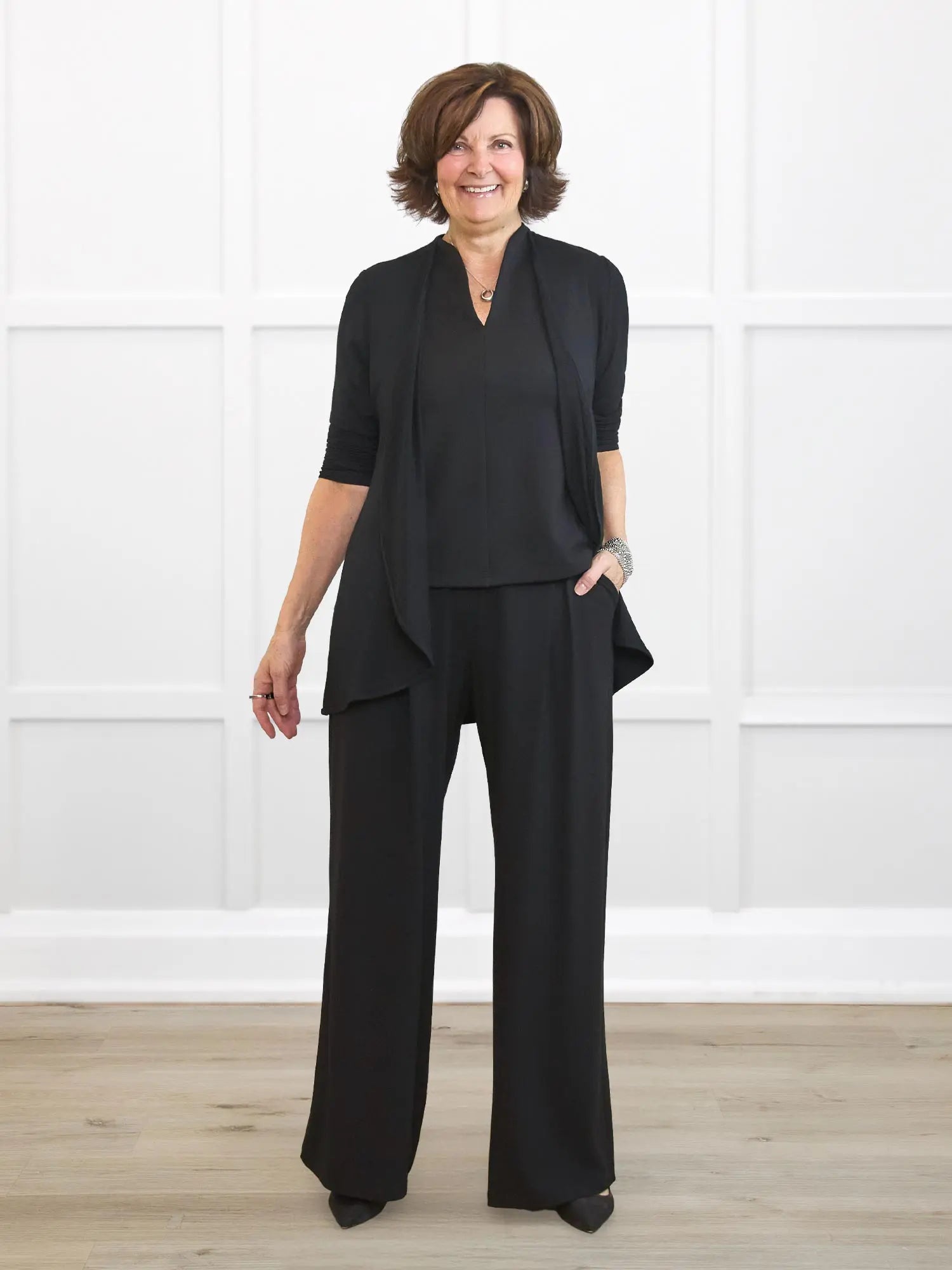 Lilah waterfall cardigan with pockets for women in Black on model Donna, size S Regular @Donna-S-regular 