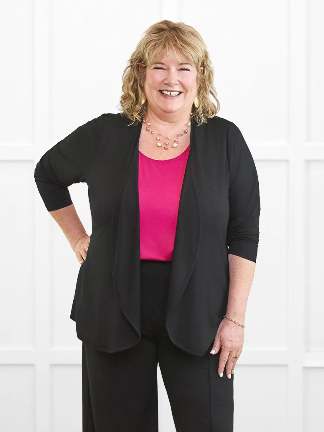 Lilah waterfall cardigan with pockets for women in Black on model Kelly, size 3X @Kelly-3X 