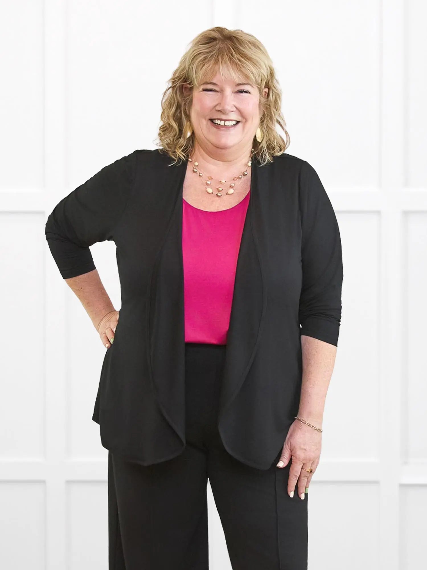 Lilah waterfall cardigan with pockets for women in Black on model Kelly, size 3X @Kelly-3X 