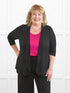 Lilah waterfall cardigan with pockets for women in Black on model Kelly, size 3X @Kelly-3X 