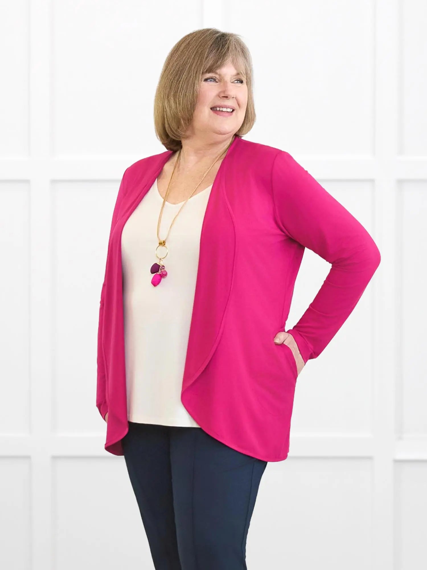 Lilah waterfall cardigan with pockets for women in Dragon fruit on model Laurie, size XL Regular @Laurie-XL-regular 