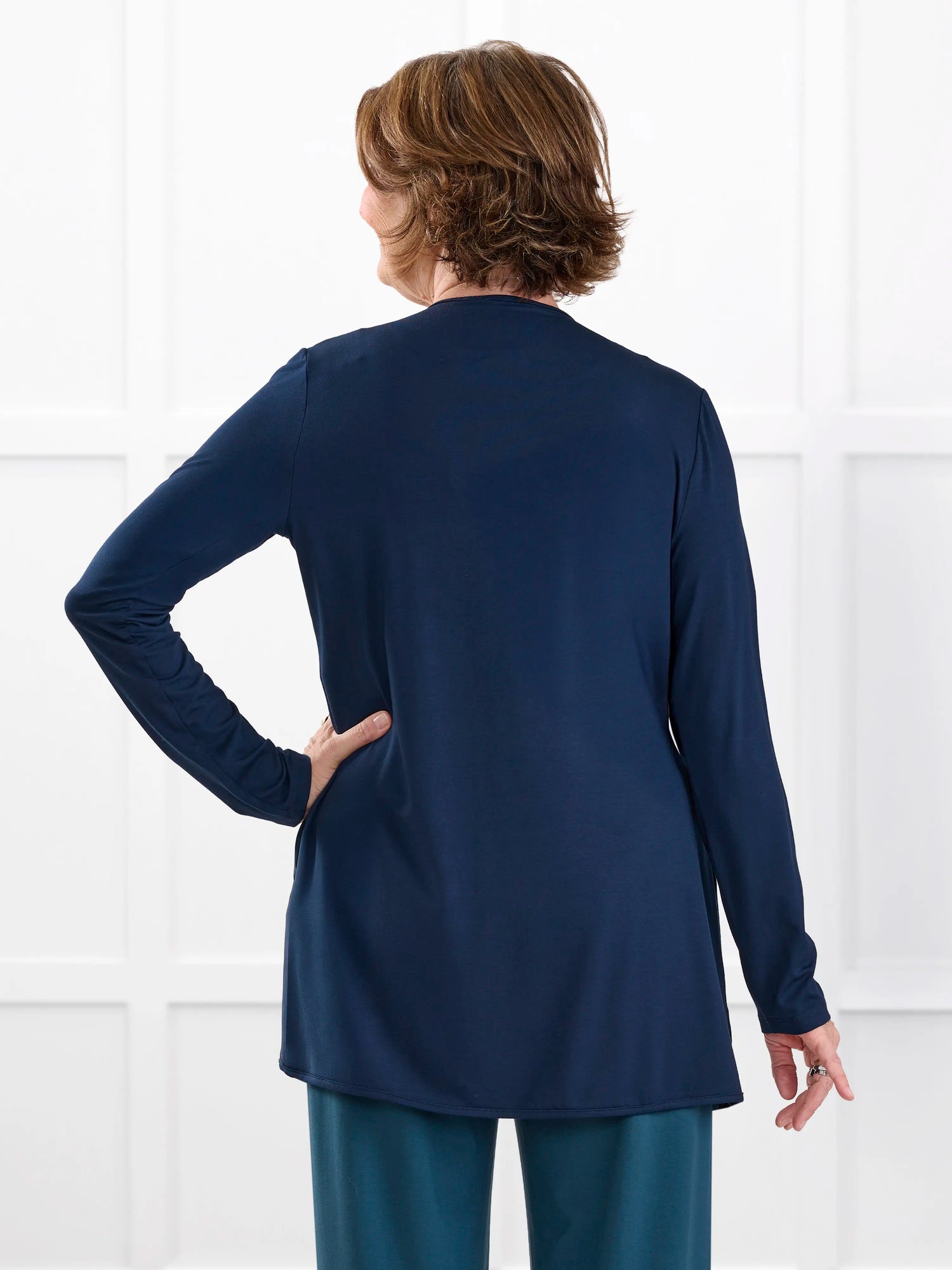 Lilah waterfall cardigan with pockets for women in Navy on model Donna, size S Regular @Donna-S-regular 