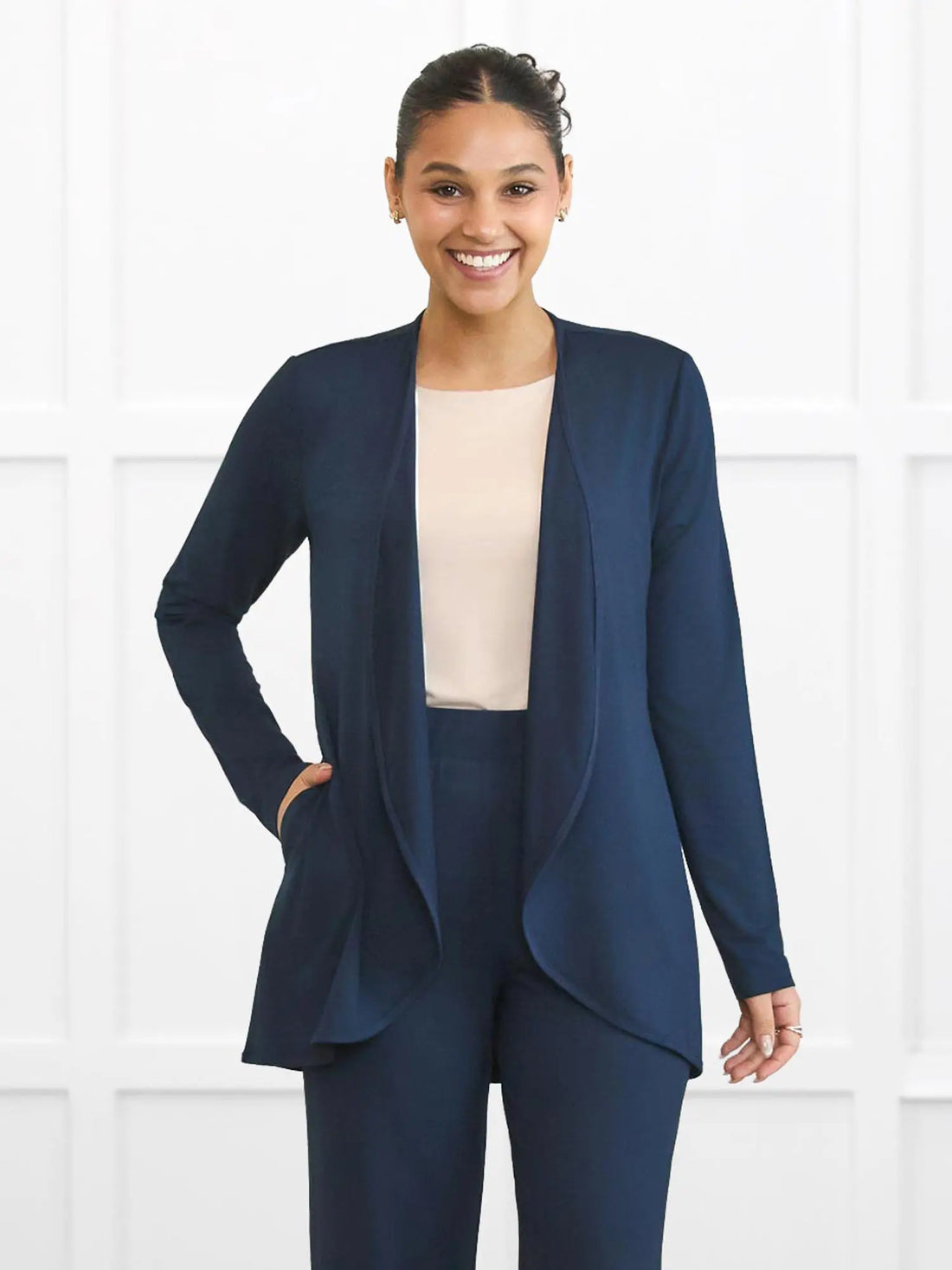 Lilah waterfall cardigan with pockets for women in Navy on model Meron, size XS Regular @Meron-XS-regular 