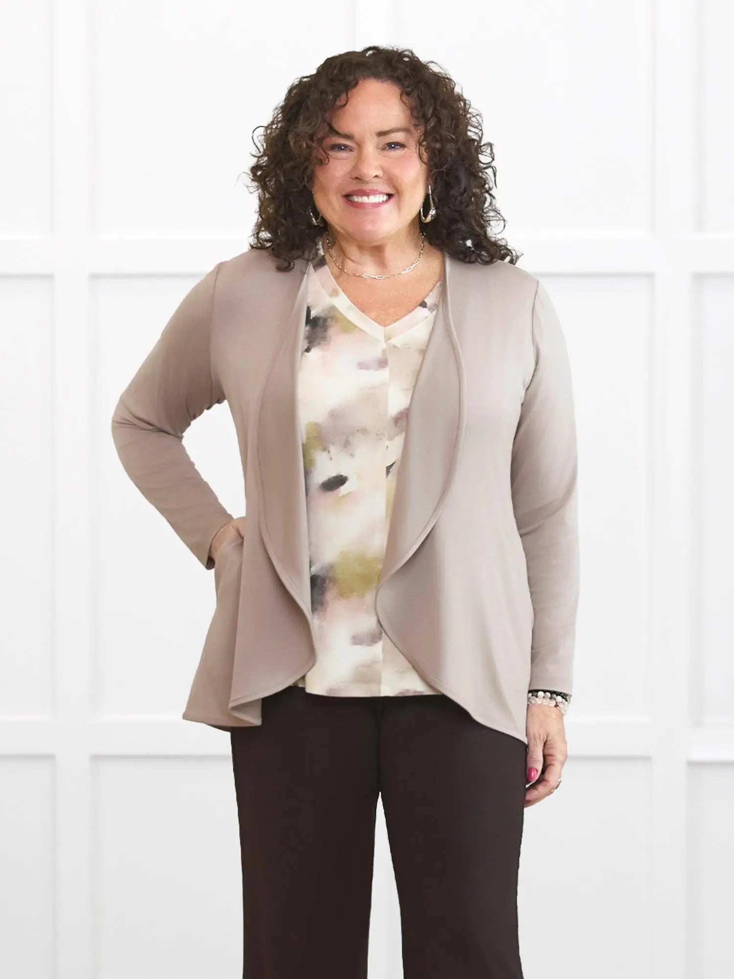 Lilah waterfall cardigan with pockets for women in Portobello on model Kerri, size M Petite @Kerri-M-petite 
