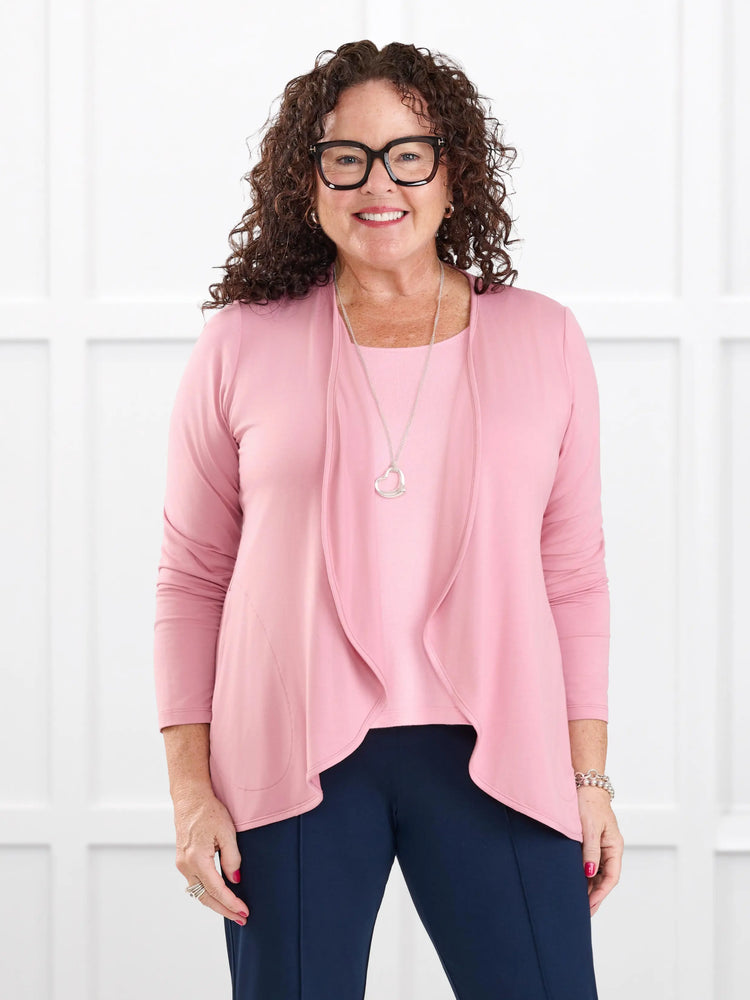 Lilah waterfall cardigan with pockets for women in Rosebud on model Kerri, size M Petite @Kerri-M-petite 