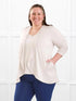 Lilah waterfall cardigan with pockets for women in Sandstone on model Cristina, size XXL Regular @Cristina-XXL-regular 