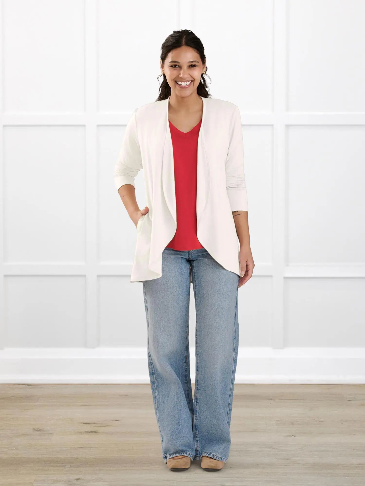 Lilah waterfall cardigan with pockets for women in Sandstone on model Meron, size XS Regular @Meron-XS-regular 