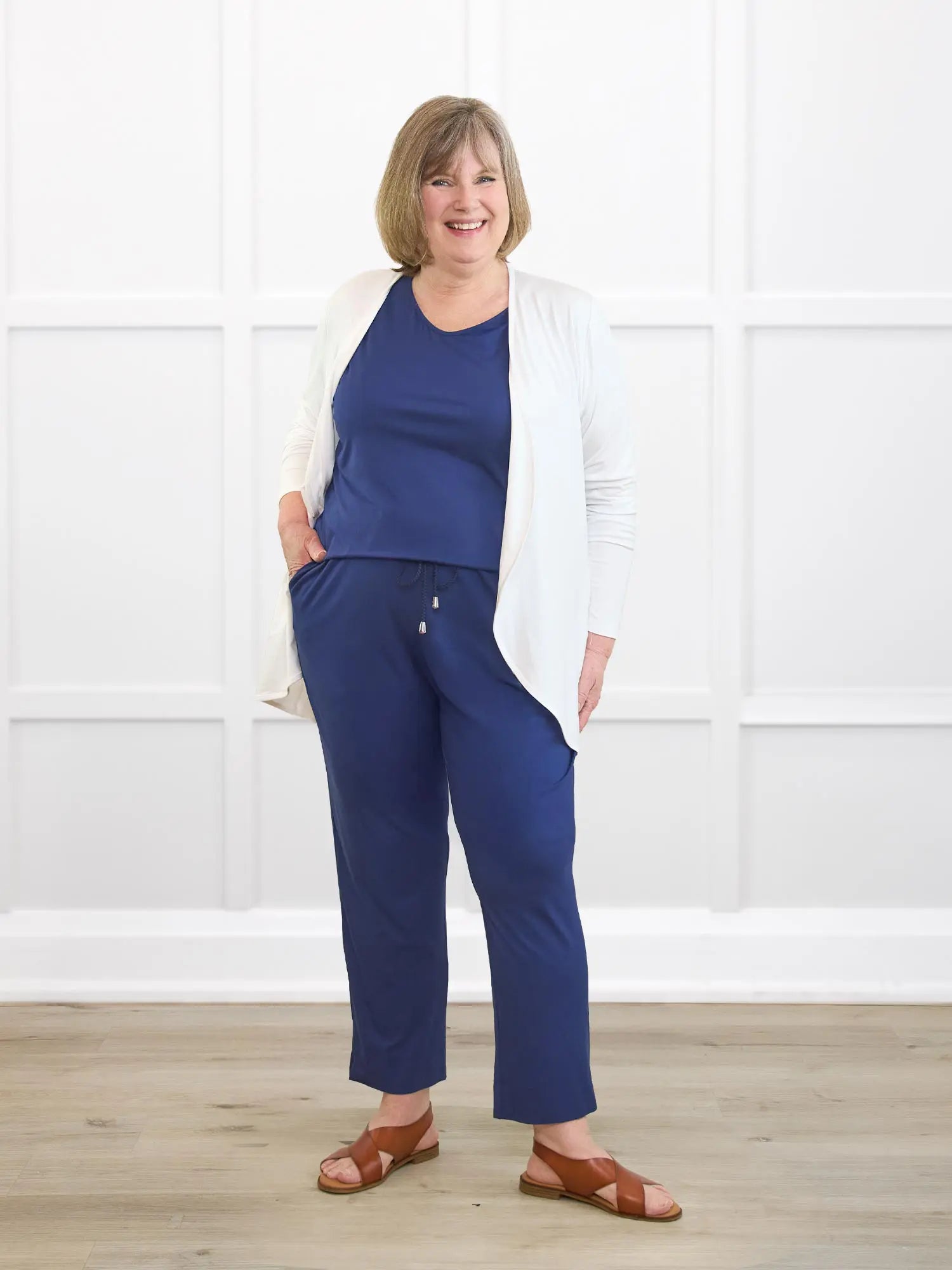 Lilah waterfall cardigan with pockets for women in White on model Laurie, size XL Regular @Laurie-XL-regular 
