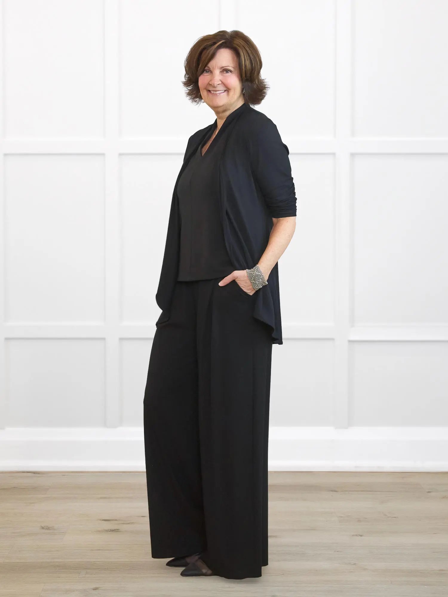 Lilah waterfall cardigan with pockets for women in Black on model Donna, size S Regular @Donna-S-regular 