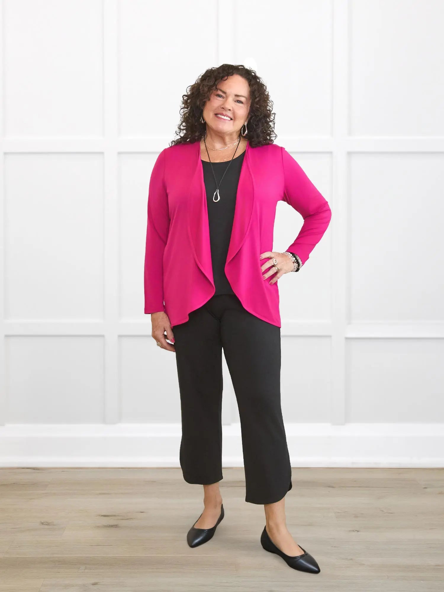 Lilah waterfall cardigan with pockets for women in Dragon fruit on model Kerri, size M Petite @Kerri-M-petite 