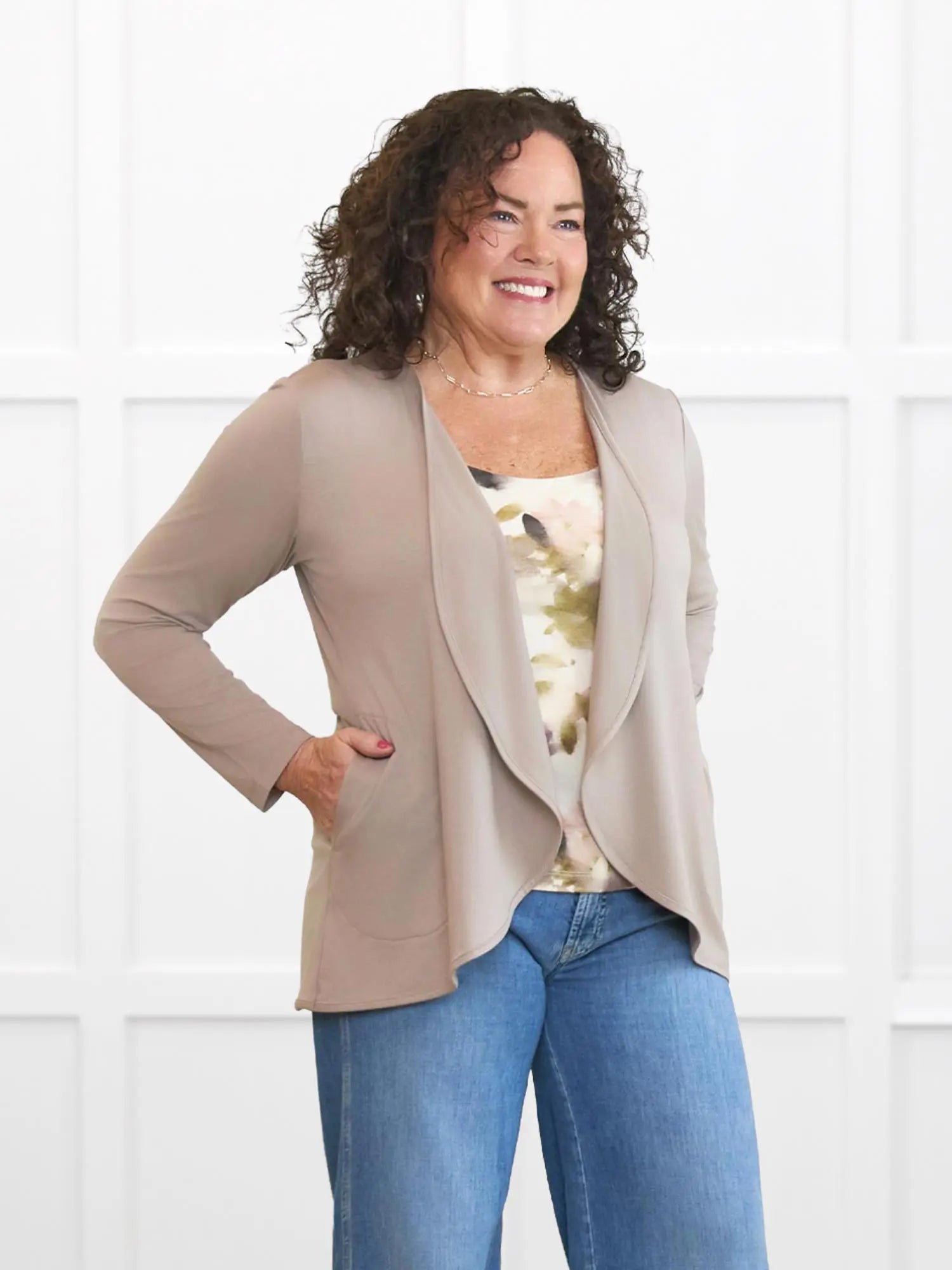 Lilah waterfall cardigan with pockets for women in Portobello on model Kerri, size M Petite @Kerri-M-petite 