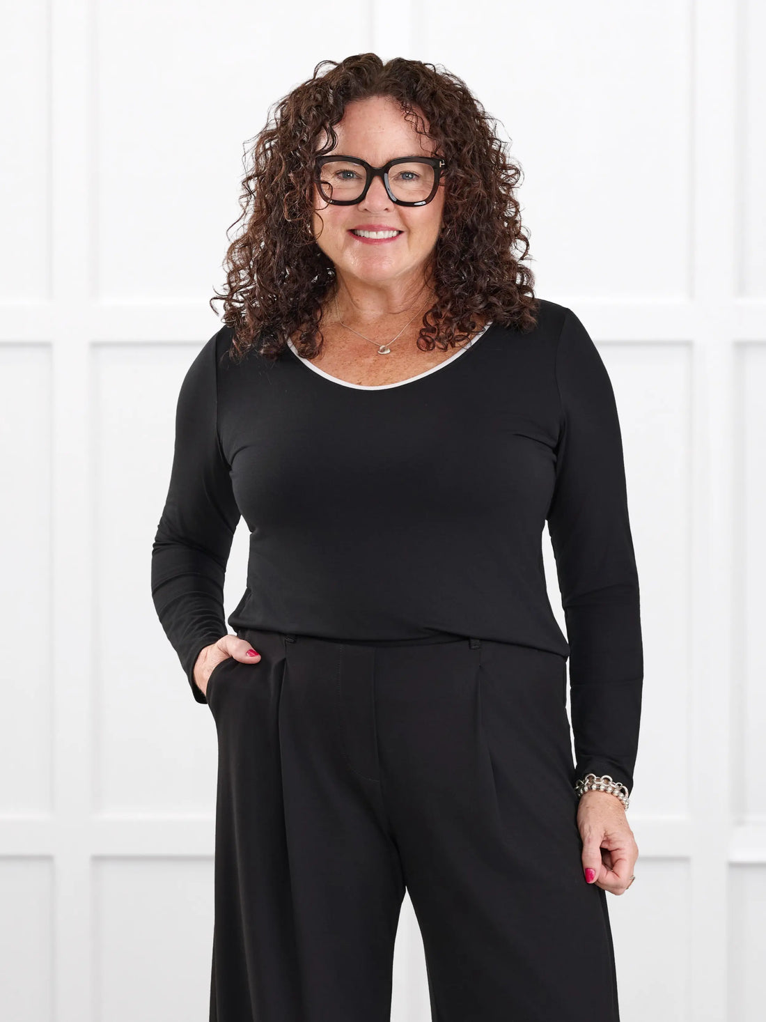 Liv v neck long sleeve top for women in Black white on model Kerri, size M Petite @Kerri-M-petite 