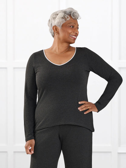 Liv v neck long sleeve top for women in Charcoal white on model Keethai, size M Regular @Keethai-M-regular 
