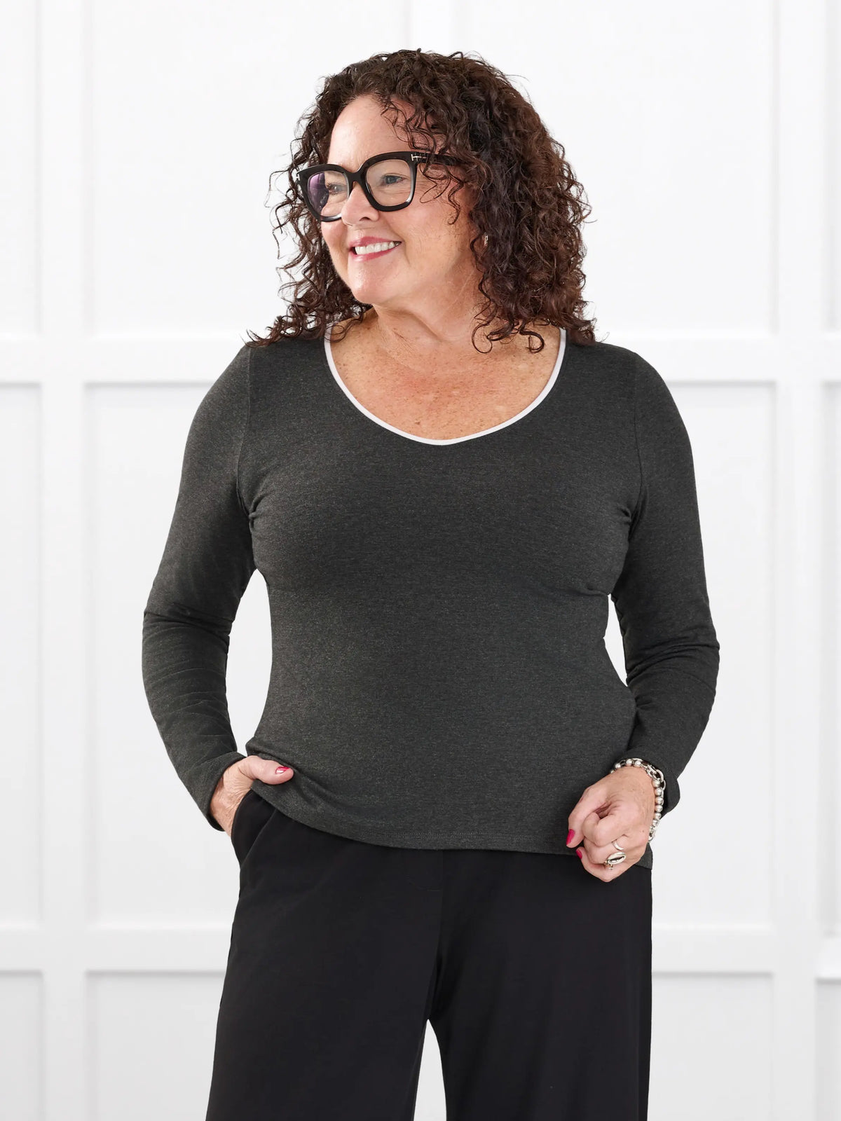 Liv v neck long sleeve top for women in Charcoal white on model Kerri, size M Petite @Kerri-M-petite 