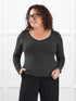 Liv v neck long sleeve top for women in Charcoal white on model Kerri, size M Petite @Kerri-M-petite 