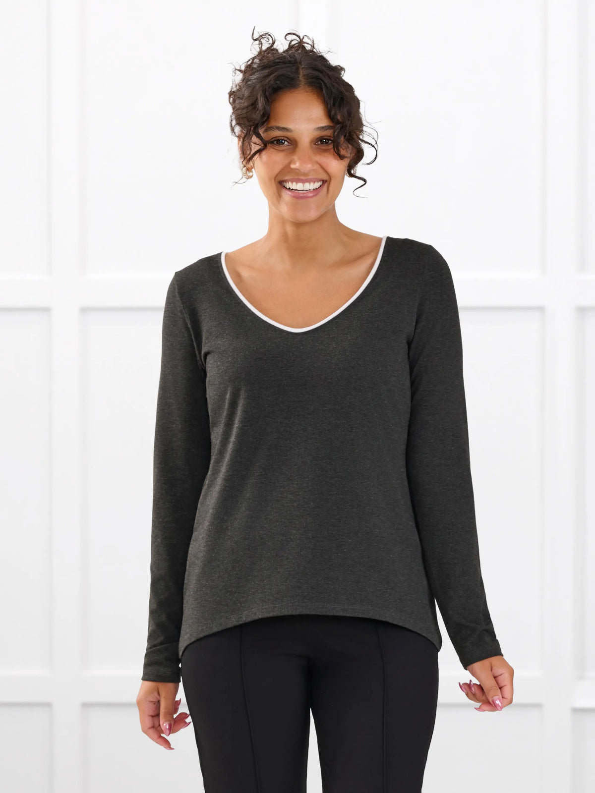 Liv v neck long sleeve top for women in Charcoal white on model Meron, size XS Regular @Meron-XS-regular 