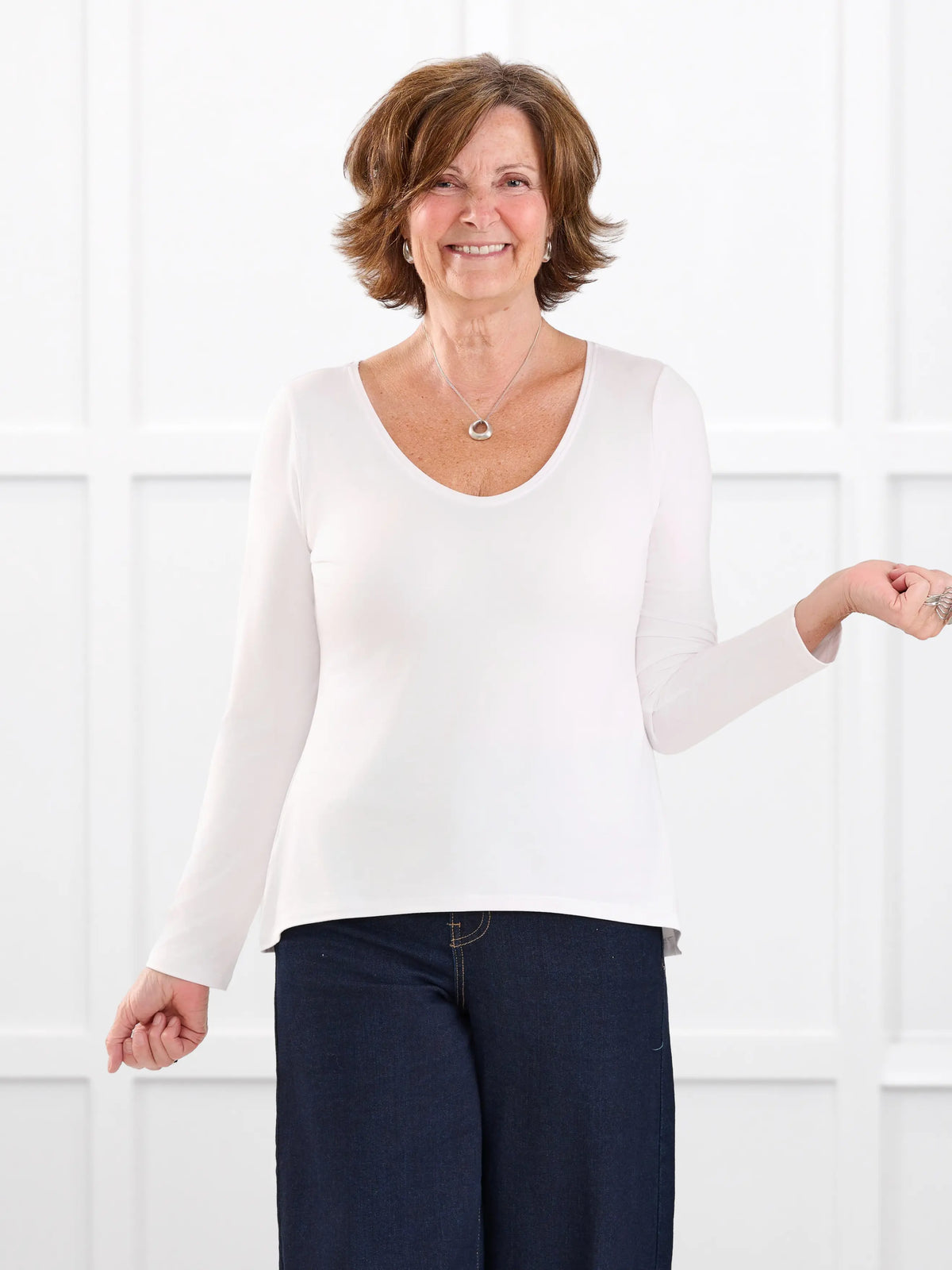 Liv v neck long sleeve top for women in White white on model Donna, size S Regular @Donna-S-regular 