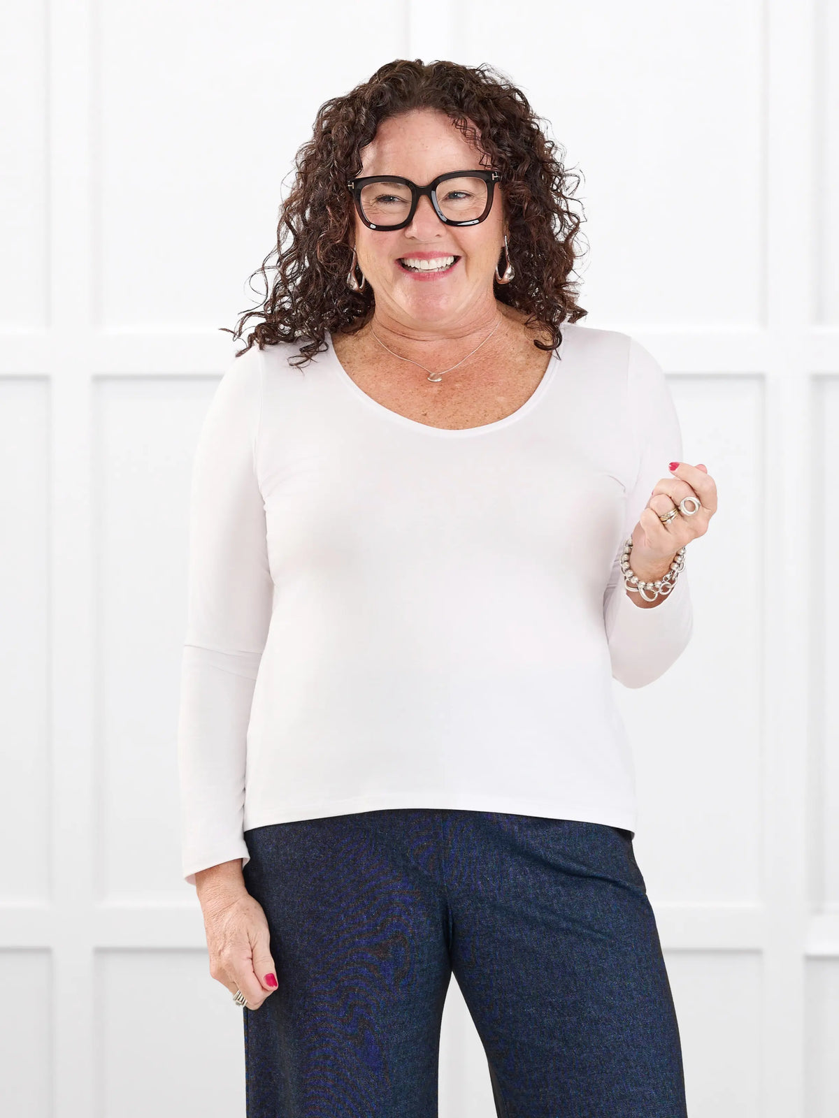 Liv v neck long sleeve top for women in White white on model Kerri, size M Petite @Kerri-M-petite 