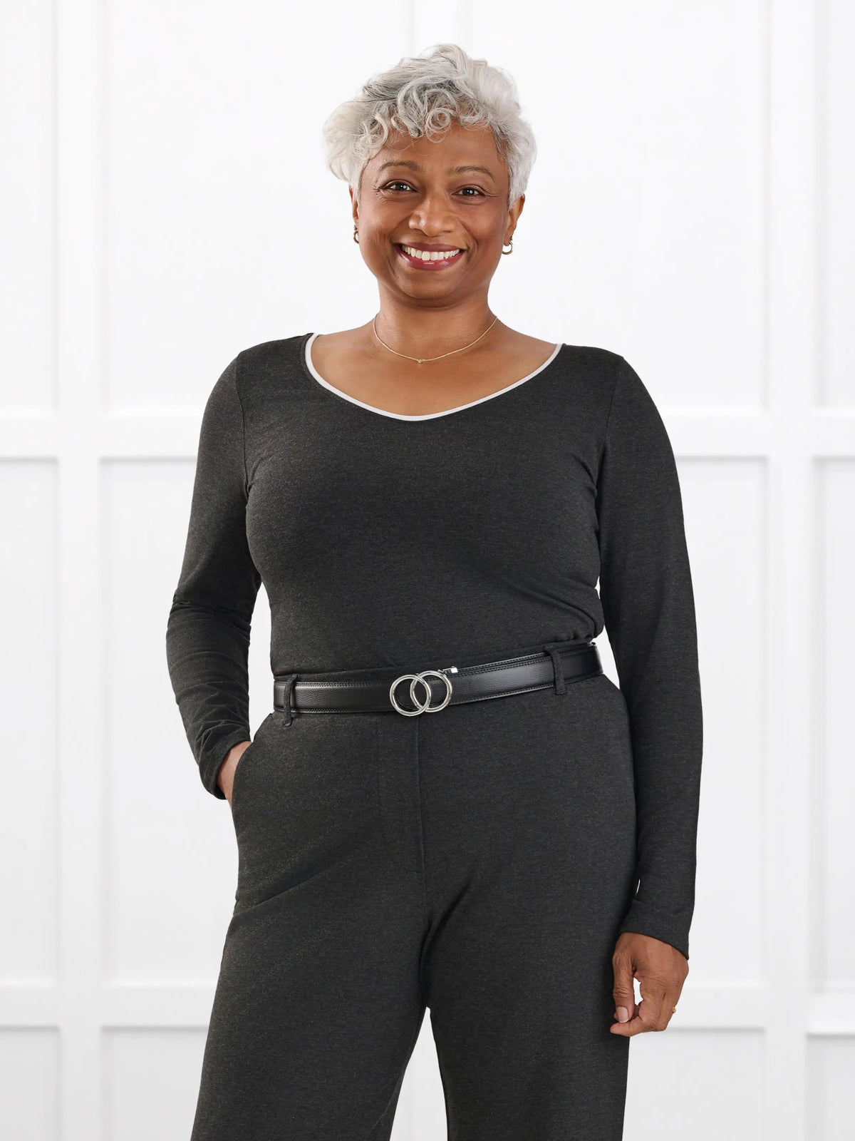 Liv v neck long sleeve top for women in Charcoal white on model Keethai, size M Regular @Keethai-M-regular 