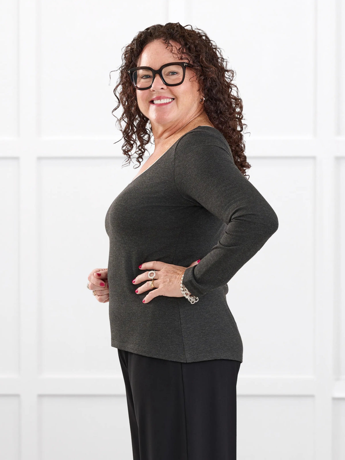 Liv v neck long sleeve top for women in Charcoal white on model Kerri, size M Petite @Kerri-M-petite 