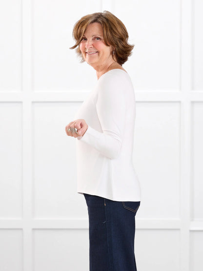 Liv v neck long sleeve top for women in White white on model Donna, size S Regular @Donna-S-regular 