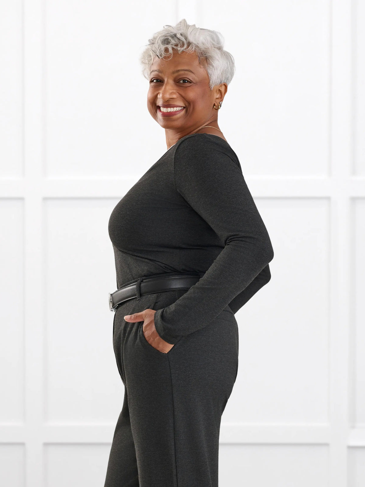 Liv v neck long sleeve top for women in Charcoal white on model Keethai, size M Regular @Keethai-M-regular 