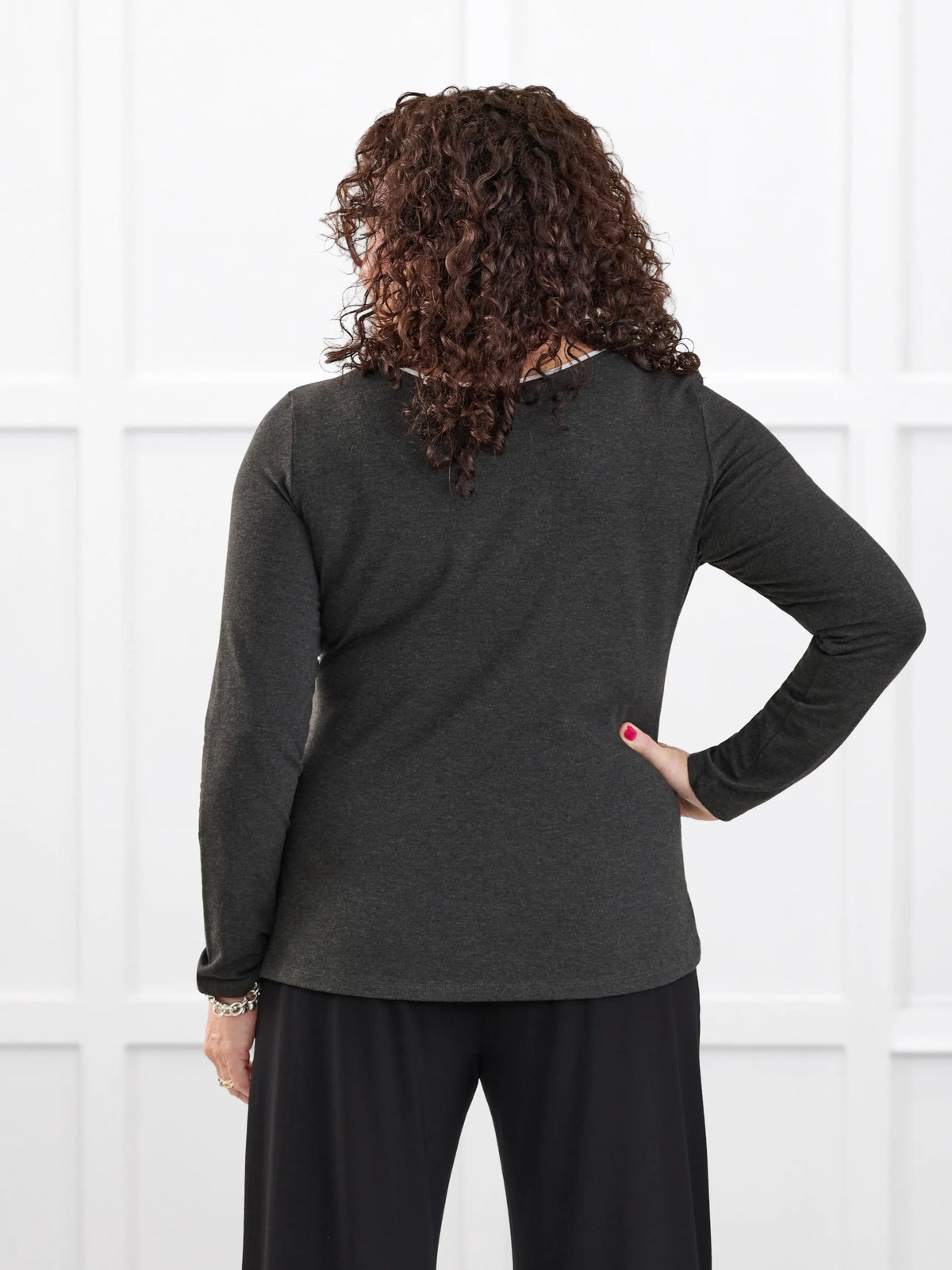 Liv v neck long sleeve top for women in Charcoal white on model Kerri, size M Petite @Kerri-M-petite 